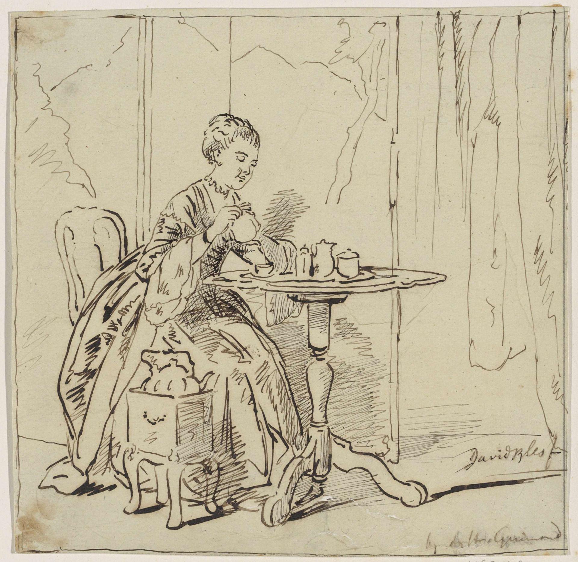 Zittende vrouw aan de thee by David Bles