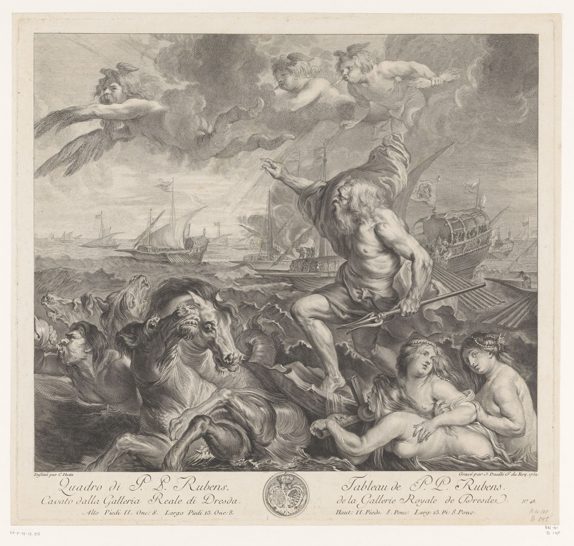 Neptunus bedaart de storm by Jean Daullé