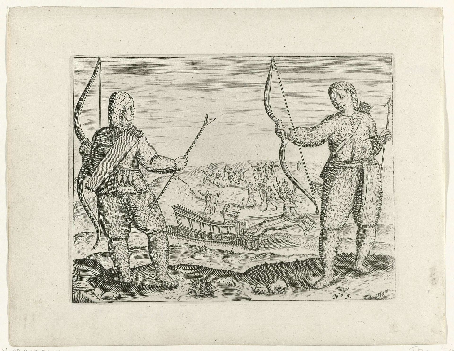 Samojeden met pijl en boog, op de achtergrond een rendierslee en demonstraties van het schieten met een musket, 1595 by Anonymous