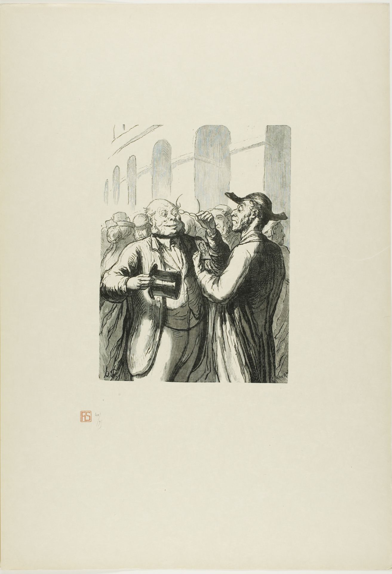 At the Universal Exhibition: Security check at the entrance: the bald need to lift their hats, and the the short-sighted need to remove their glasses by Charles Maurand