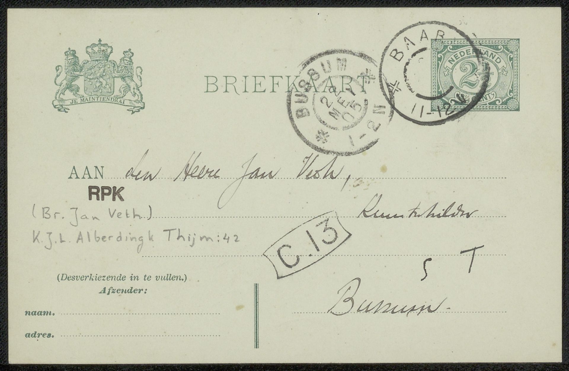 Briefkaart aan Jan Veth by Karel Johan Lodewijk Alberdingk Thijm
