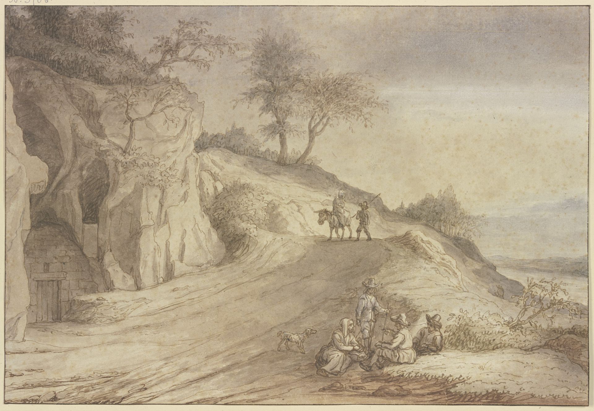 Weg über einen Hügel mit einem Mann zu Fuß und einer Frau auf einem Esel, vorne eine lagernde Gruppe von vier Figuren by Lambert Doomer