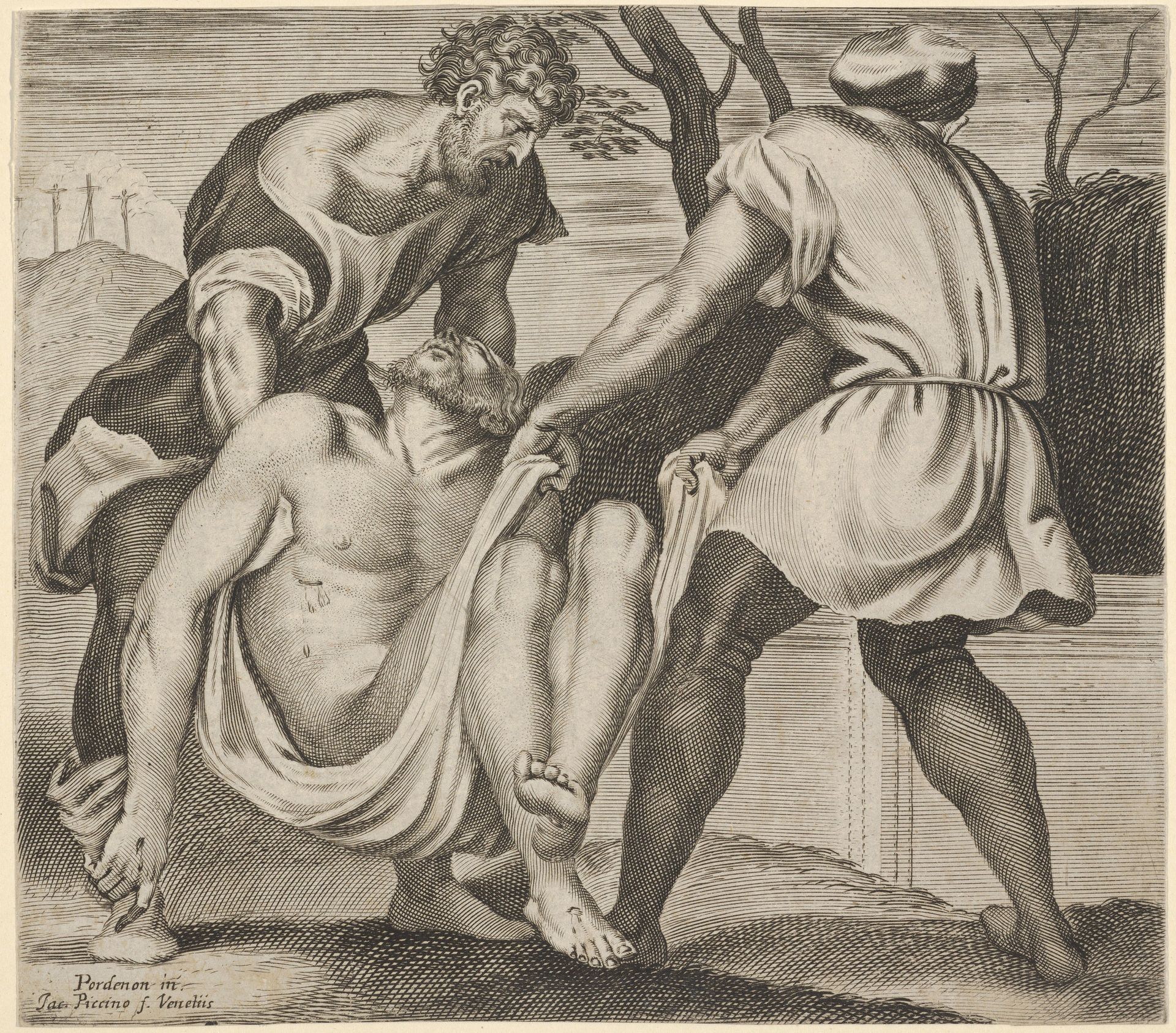 Entombment of Christ, two men lifting Christ into a tomb, with a shroud underneath the body, three crosses on Golgotha beyond, from a series of five engravings after the destroyed or detached frescoes of 1532/33 by Giovanni Antonio da Pordenone in the cloister of S.Stefano, Venice by Giacomo Piccini