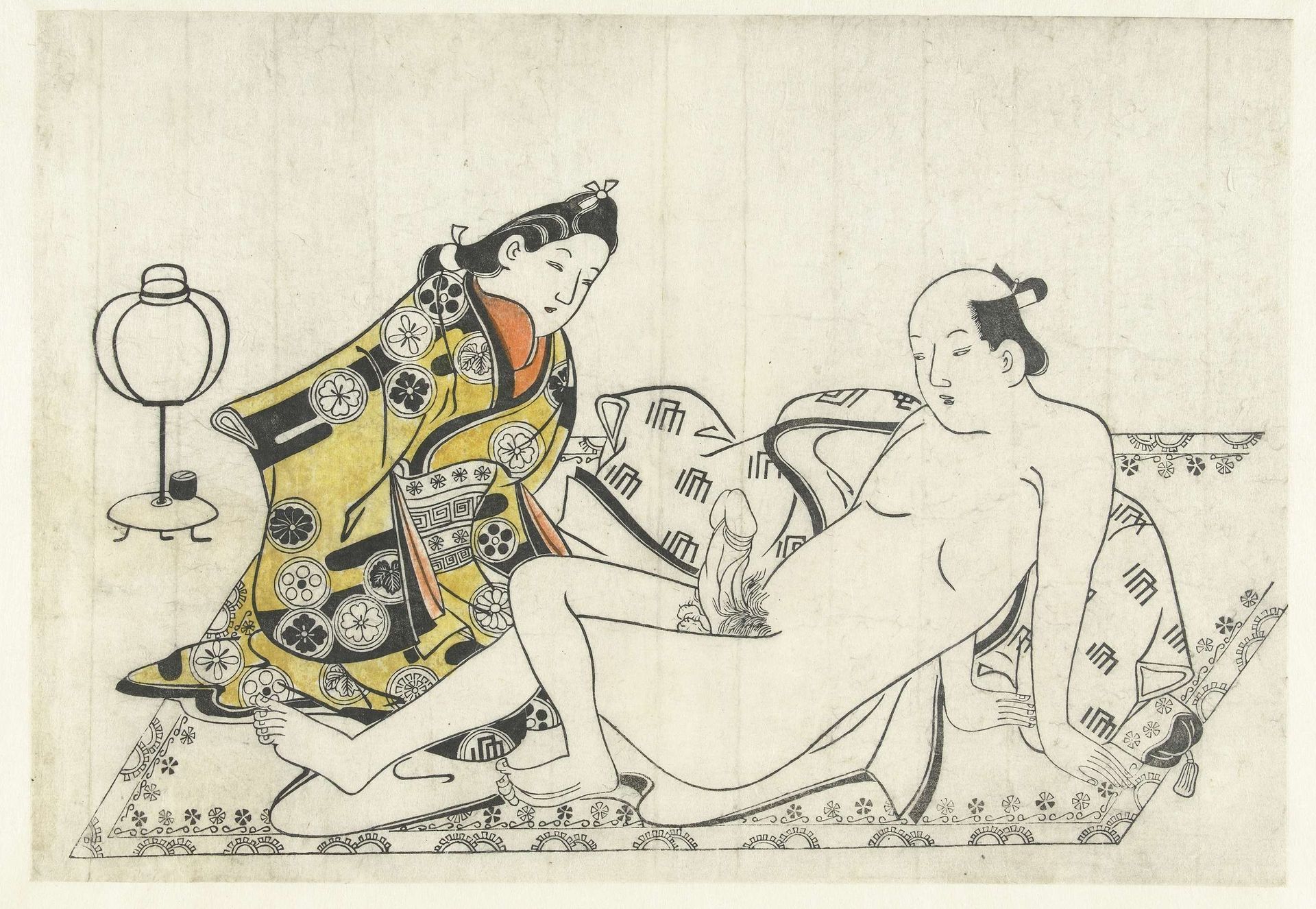 Jonge vrouw en naakte man op kleed by Hishikawa Moronobu 菱川師宣