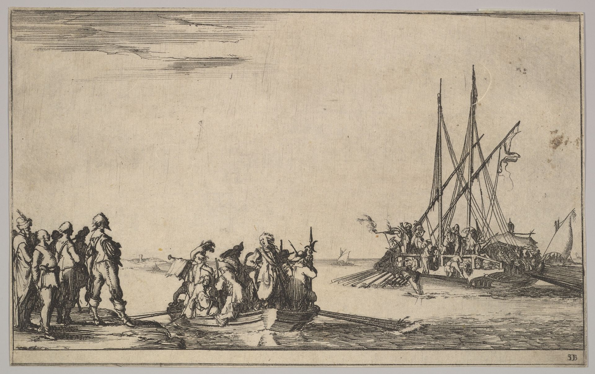 A rowboat full of men in center, a group of men standing on shore at left, a ship full of men, one firing a pistol, at right, from 'Set of eight nautical landscapes' (Suite de huit Marines) by Stefano della Bella