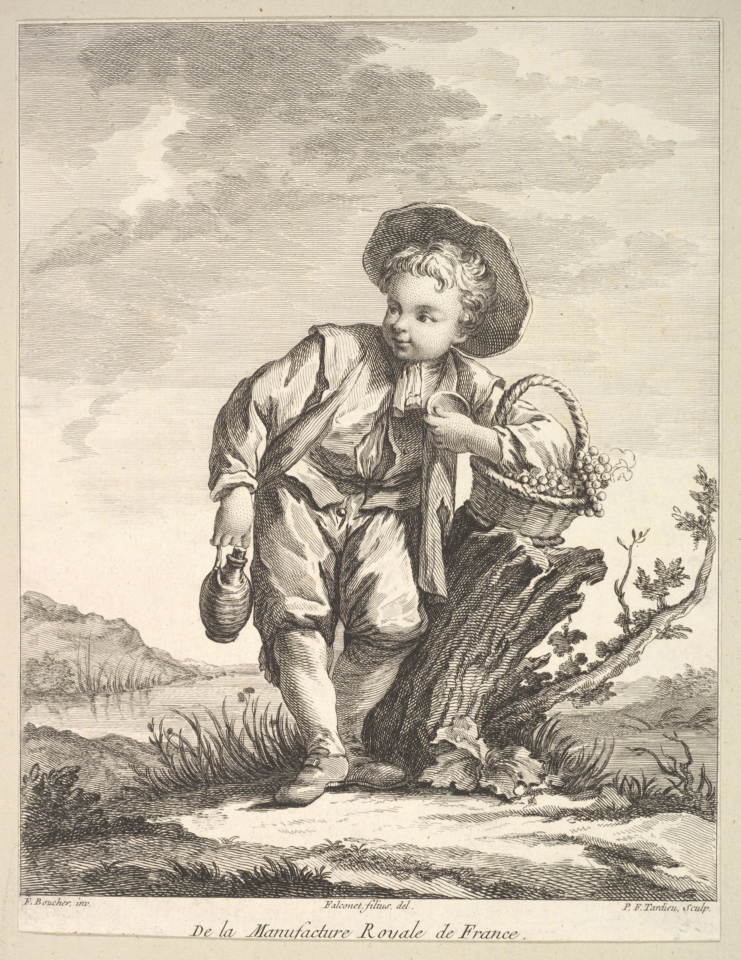 Little boy holding a basket of grapes, from Deuxième Livre de Figures d'après les porcelaines de la Manufacture Royale de France (Second Book of Figures after porcelains from the Manufacture Royale de France) by Pierre François Tardieu