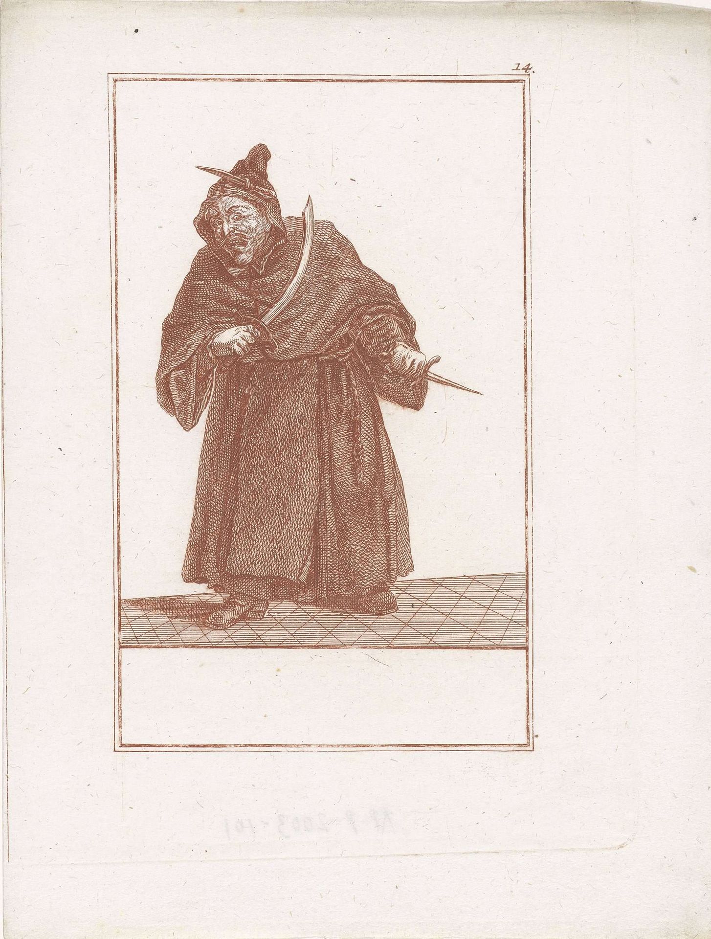 Monnik met kromzwaard en dolk. by Jacob Gole