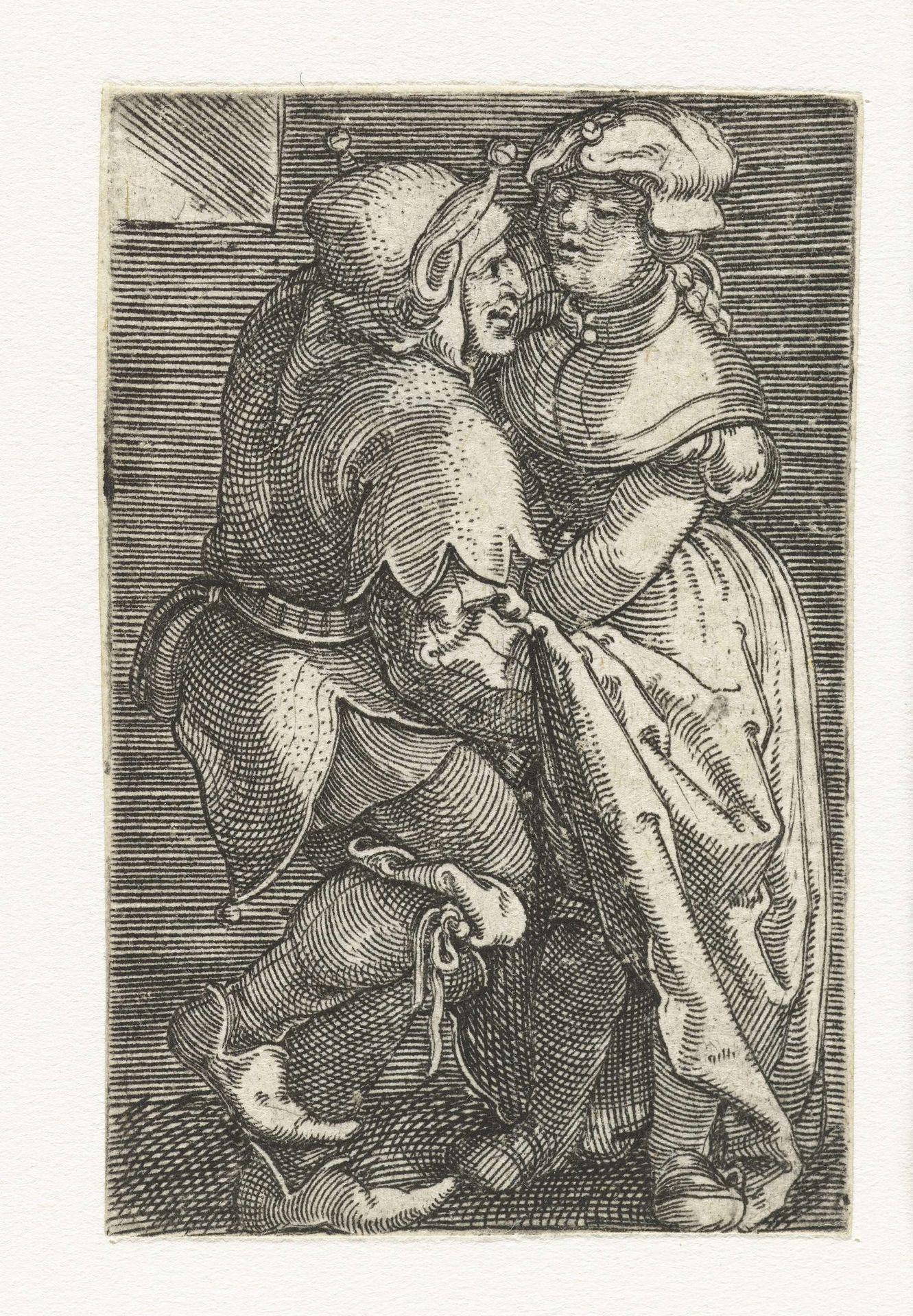 Nar met hand onder rokken van meisje by Barthel Beham