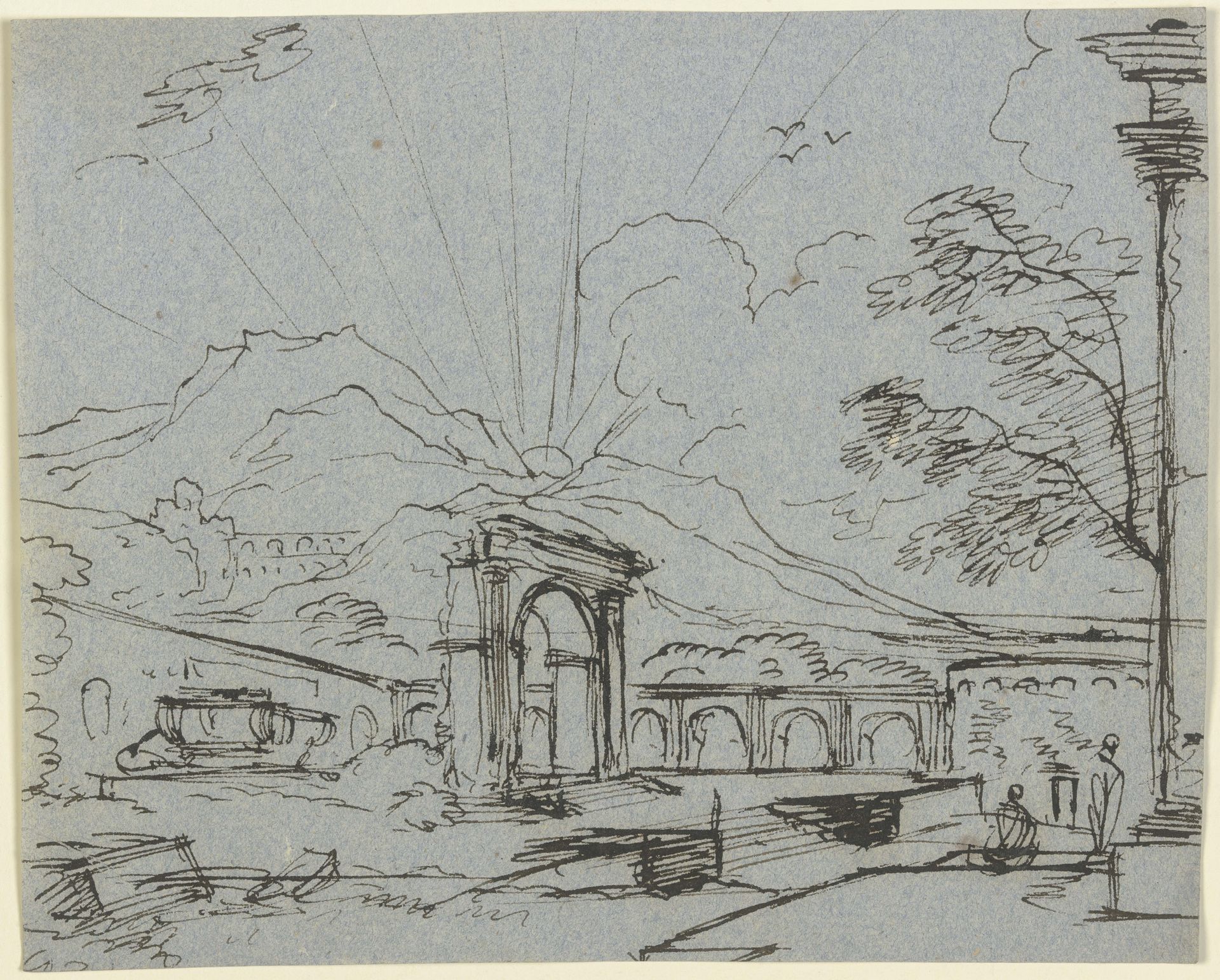 Antike Architektur vor einem Sonnenaufgang über den Bergen by Franz Kobell