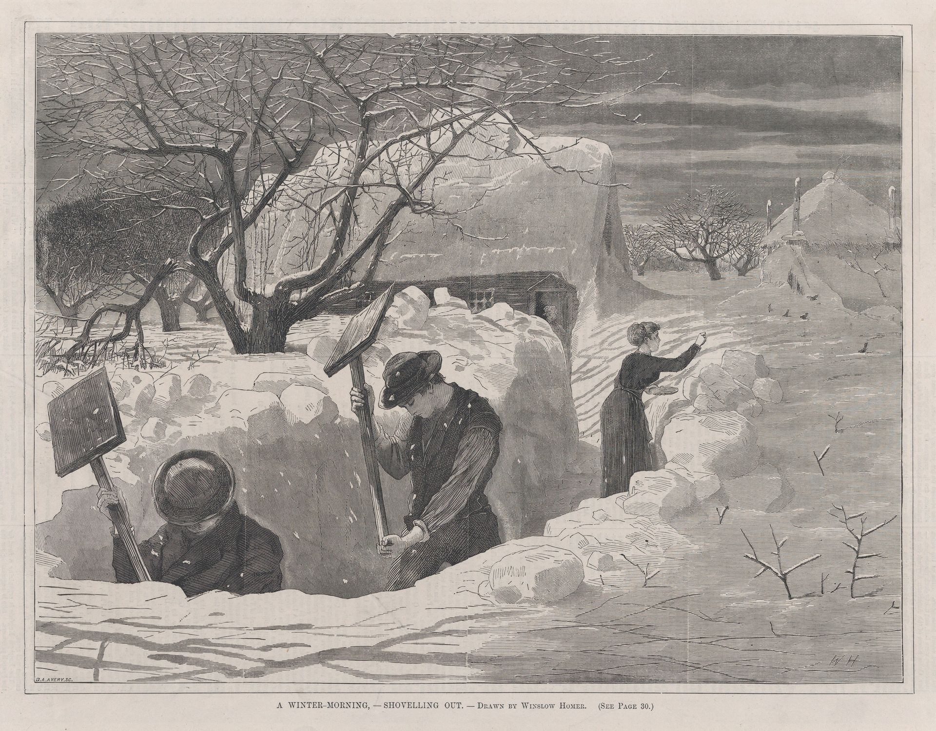 A Winter Morning – Shovelling Out (Every Saturday, Vol. II, New Series) by Winslow Homer