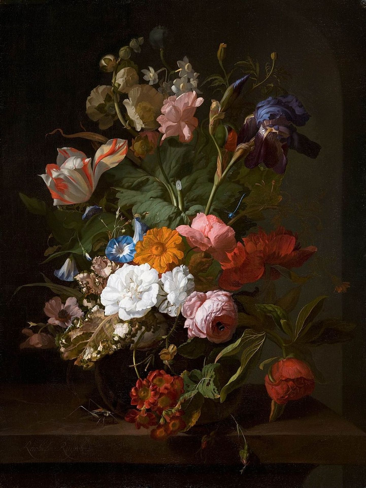 Flowers in a Glass Vase, with a Cricket in a Niche by Rachel Ruysch