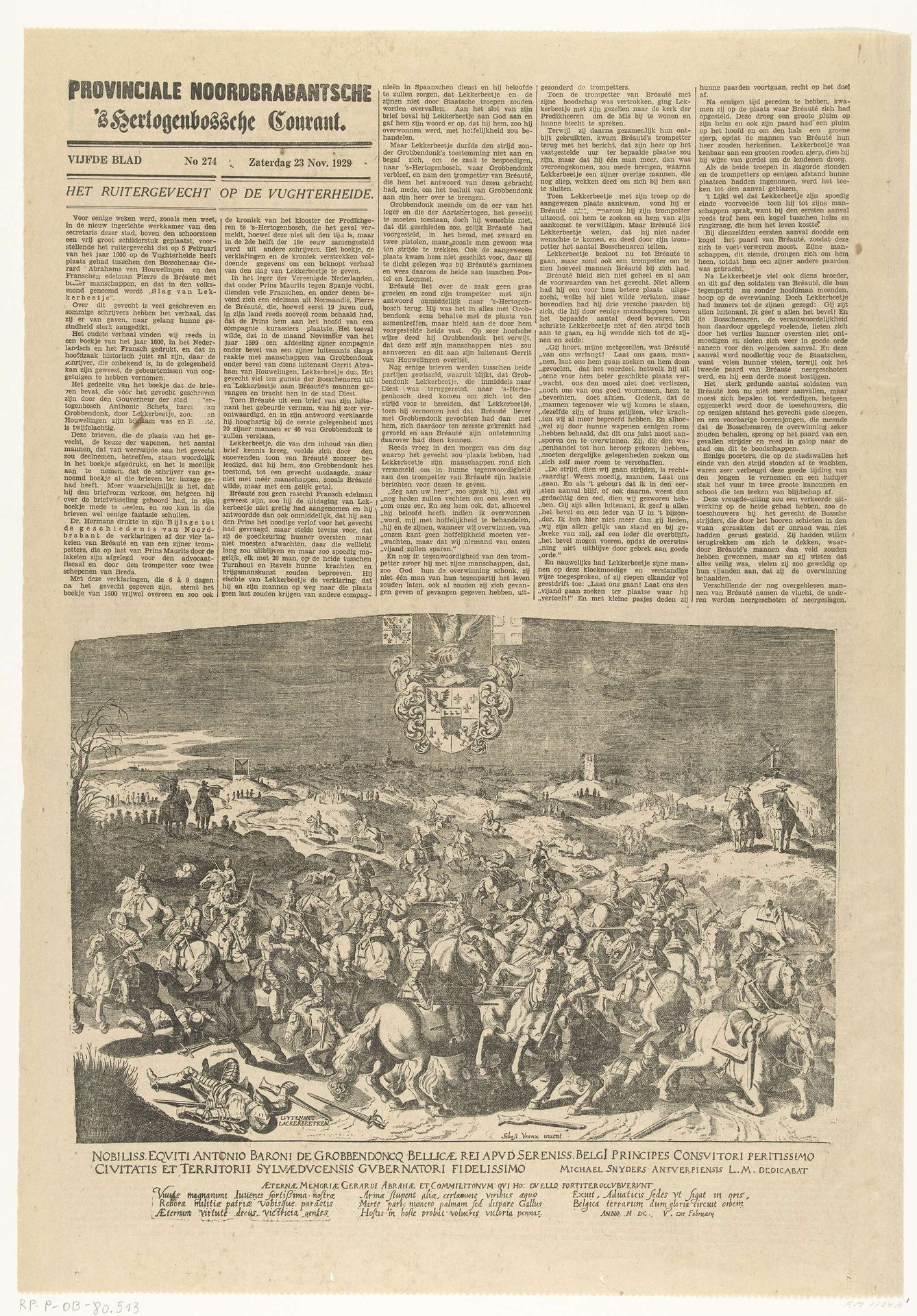 Krantenartikel uit de Provinciale Noordbrabantsche & 's Hertogenbossche Courant van 23 november 1929 over de Slag van Lekkerbeetje in 1600 by Anonymous