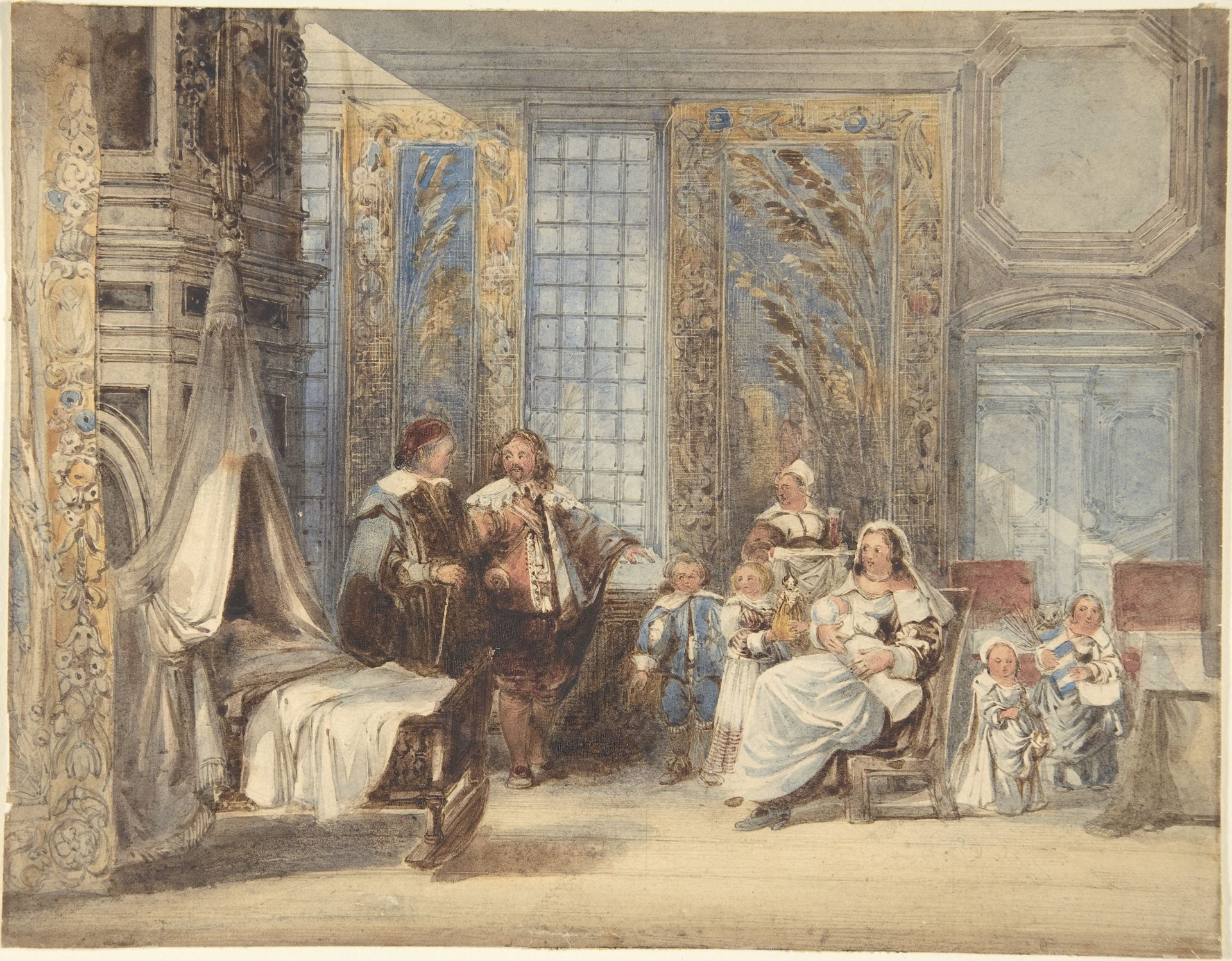 Scene with Family and Guest in Seventeenth-century Interior by Joseph Nash