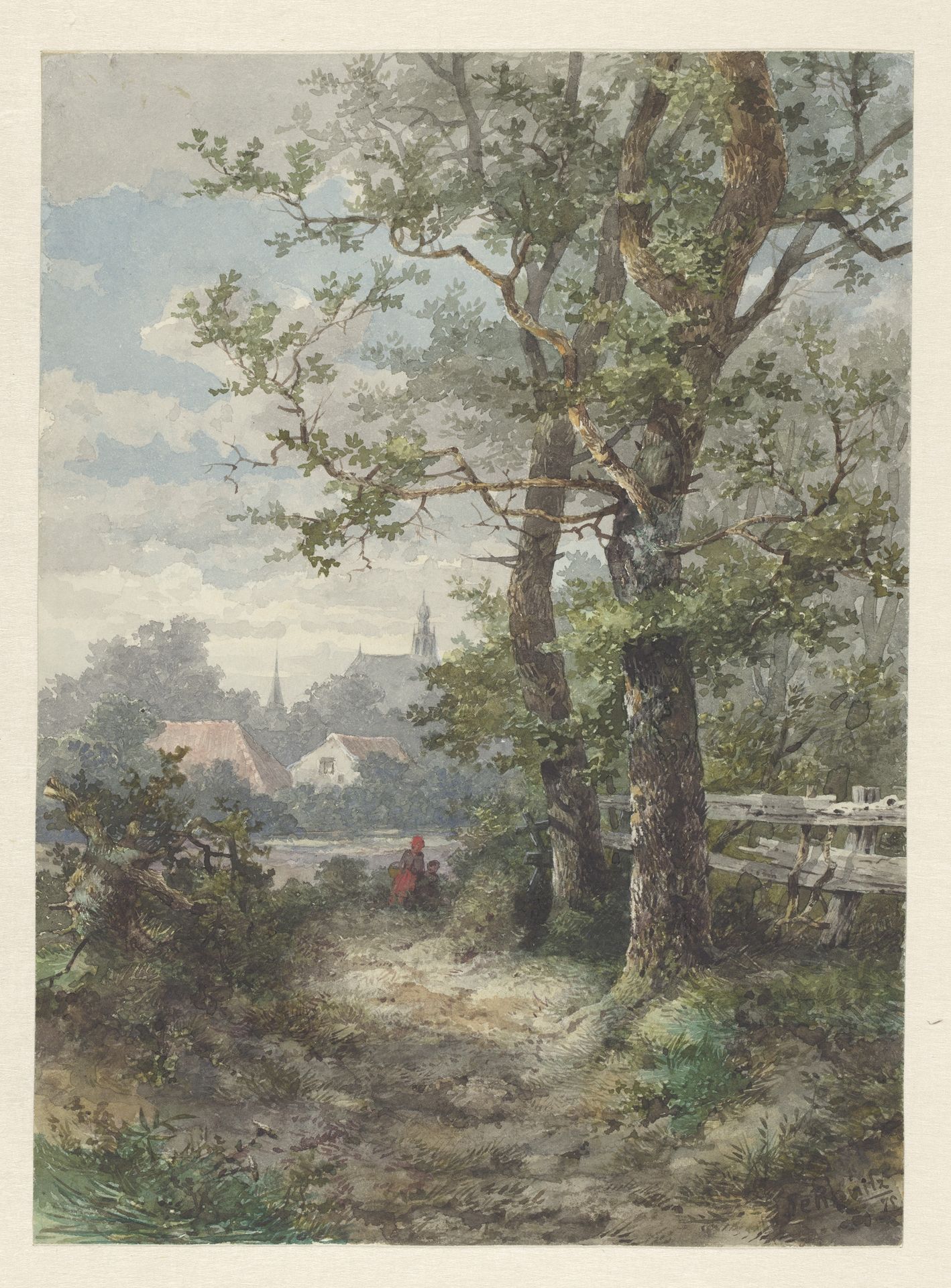 Landschap met twee bomen, in de verte een stad by Sebastiaan M.S. de Ranitz