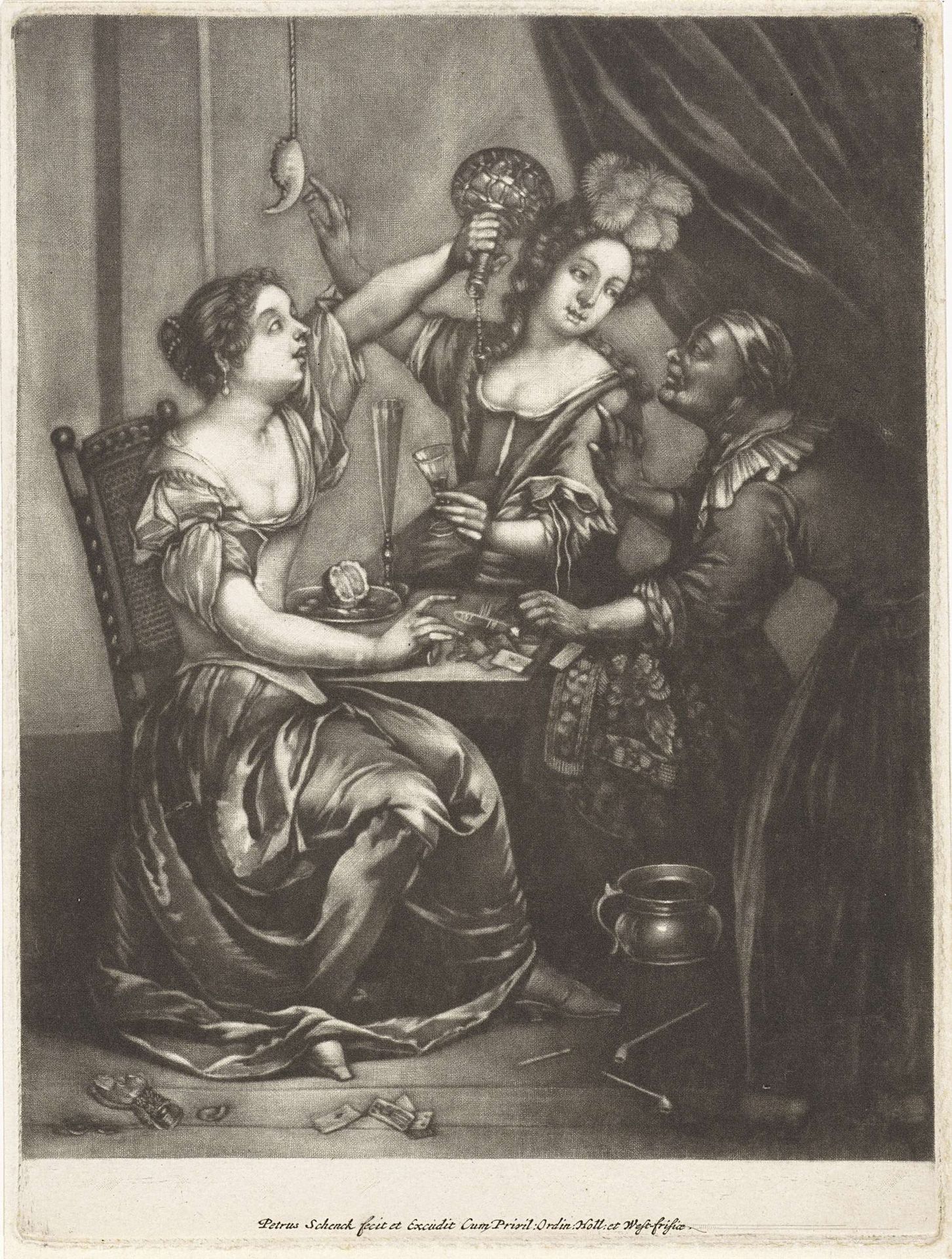 Twee drinkende vrouwen en een oude vrouw by Pieter Schenk