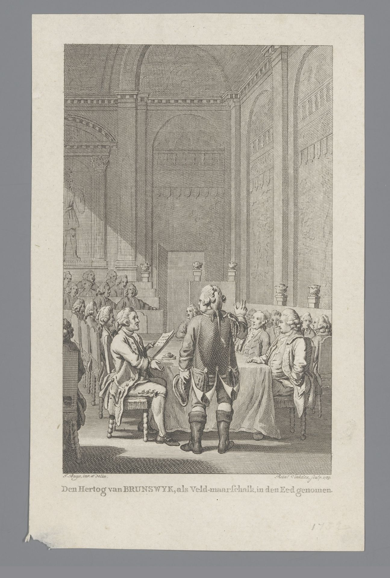 Lodewijk Ernst, hertog van Brunswijk legt de eed af als veldmaarschalk, 1759 by Reinier Vinkeles
