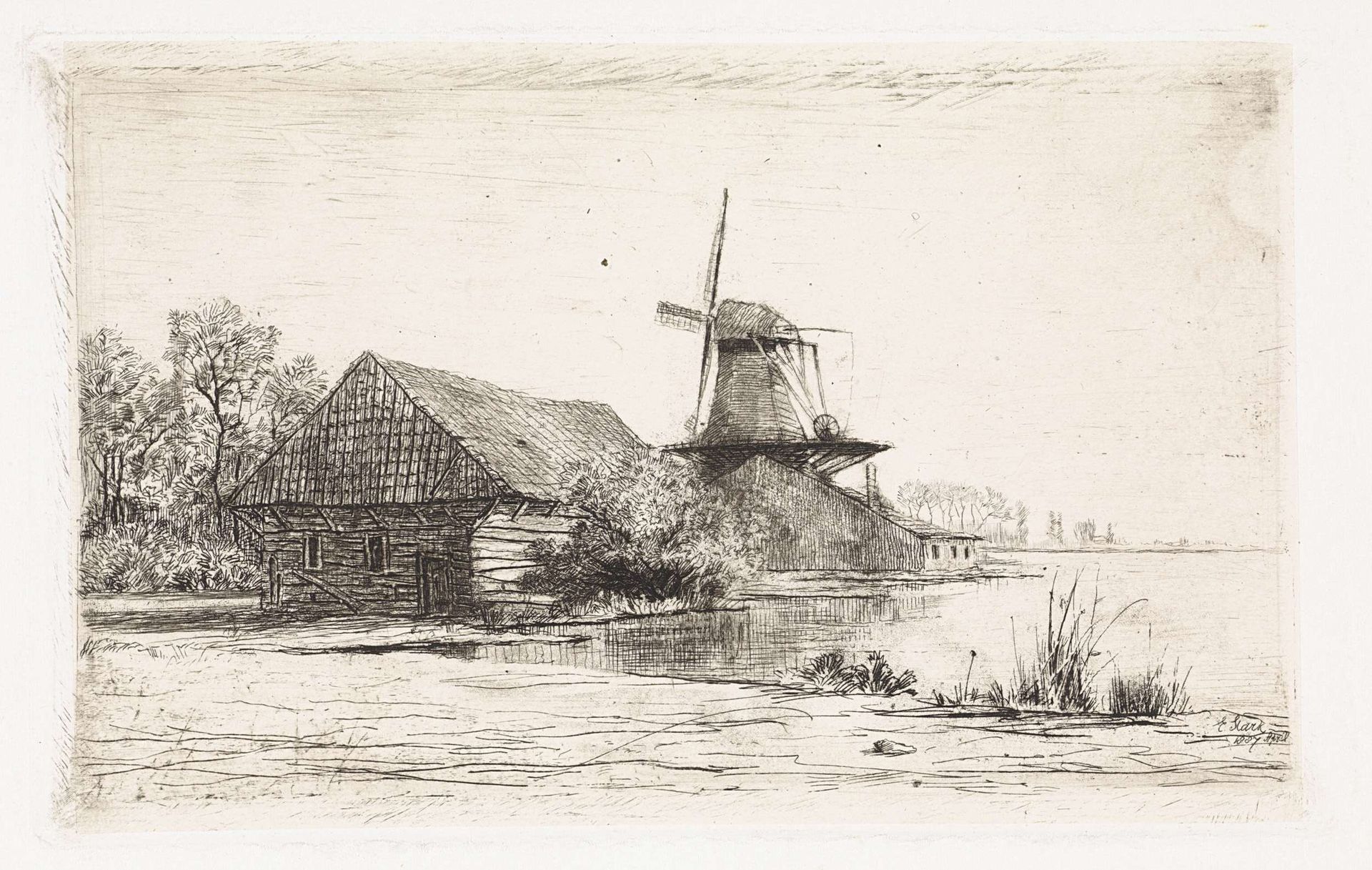 Schuur en molen aan het water by Elias Stark