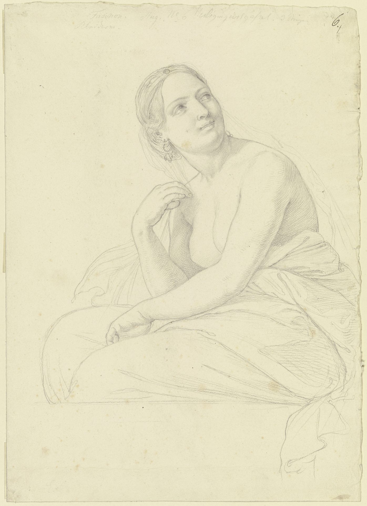 Halbakt einer sitzenden, jungen Frau, gegen links by Julius Schnorr von Carolsfeld