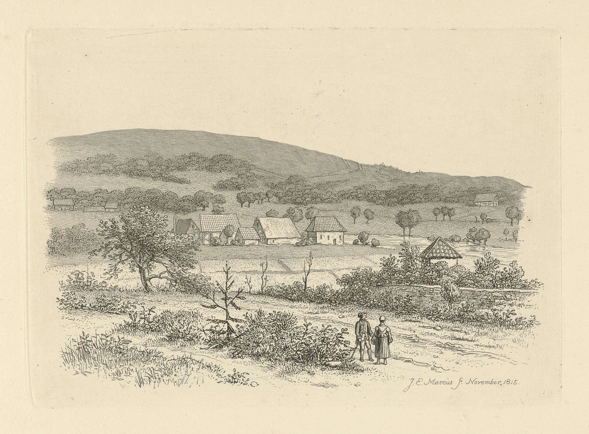 Heuvellandschap met een man en een vrouw op een landweg by Jacob Ernst Marcus