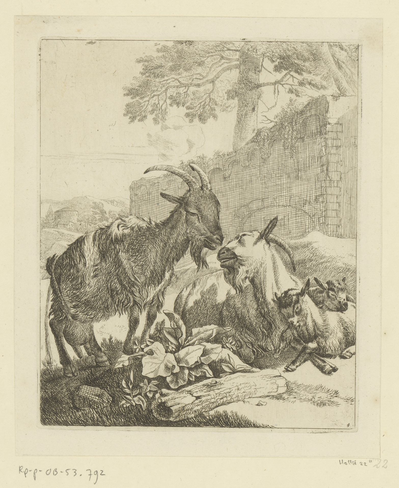 Staande en liggende geit met twee jongen by Johann Heinrich Roos