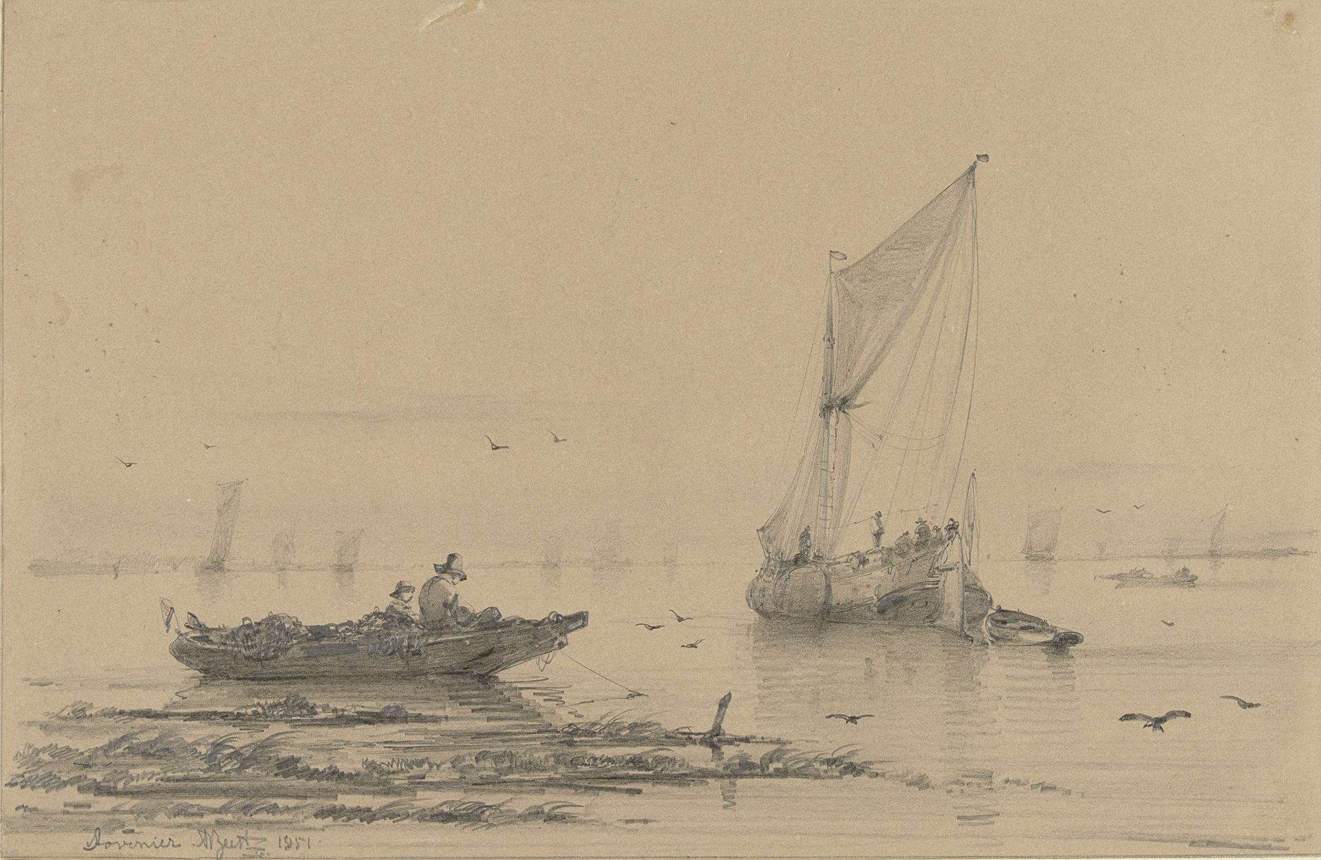 Kalm water met op de voorgrond een visser in zijn schuit by Albertus van Beest
