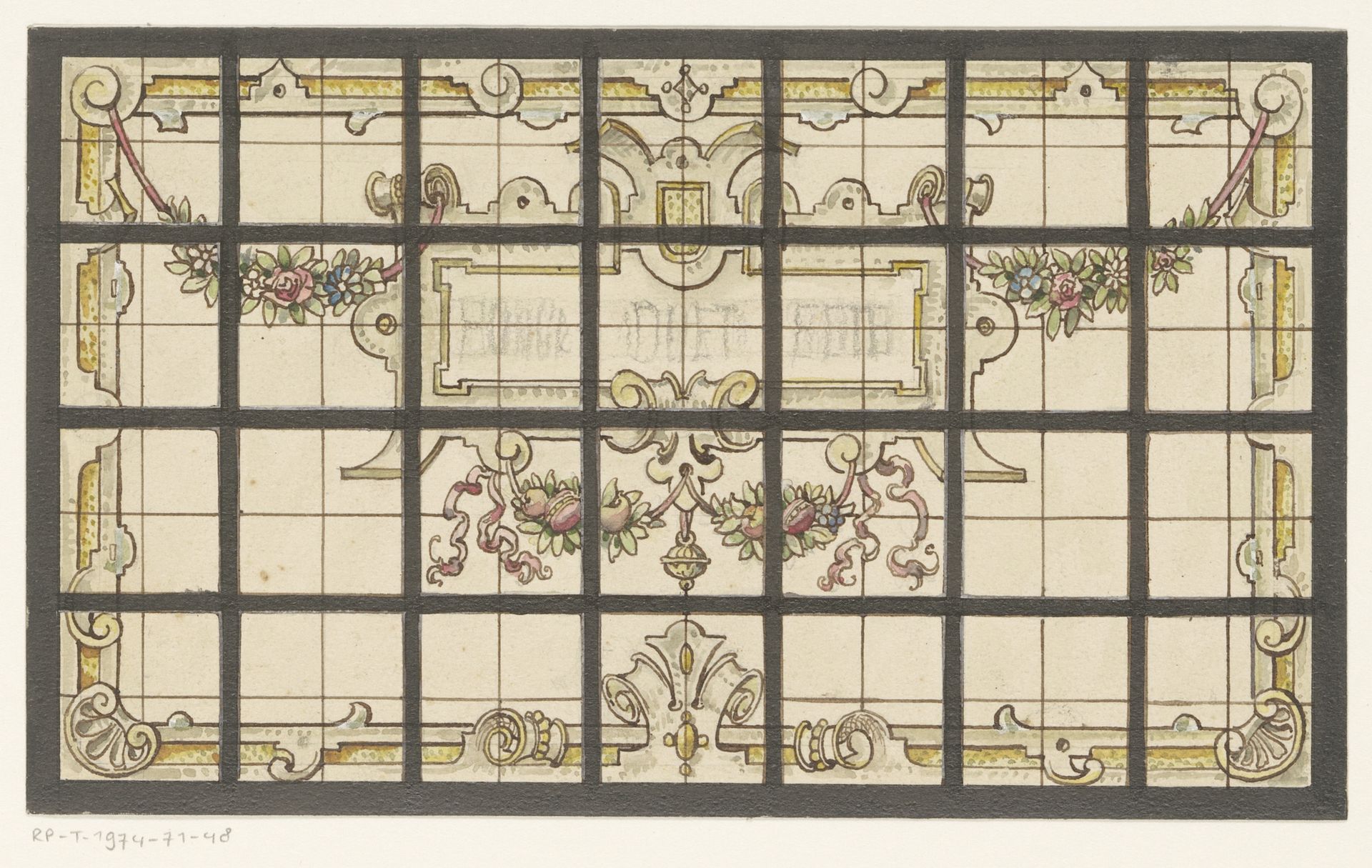 Ontwerp voor een glas in loodraam met cartouche en guirlandes by Anonymous