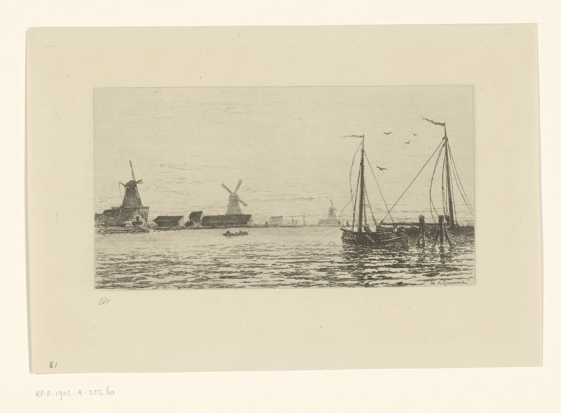 Gezicht op Zaandam met boten en molens by Carel Nicolaas Storm van 's-Gravesande