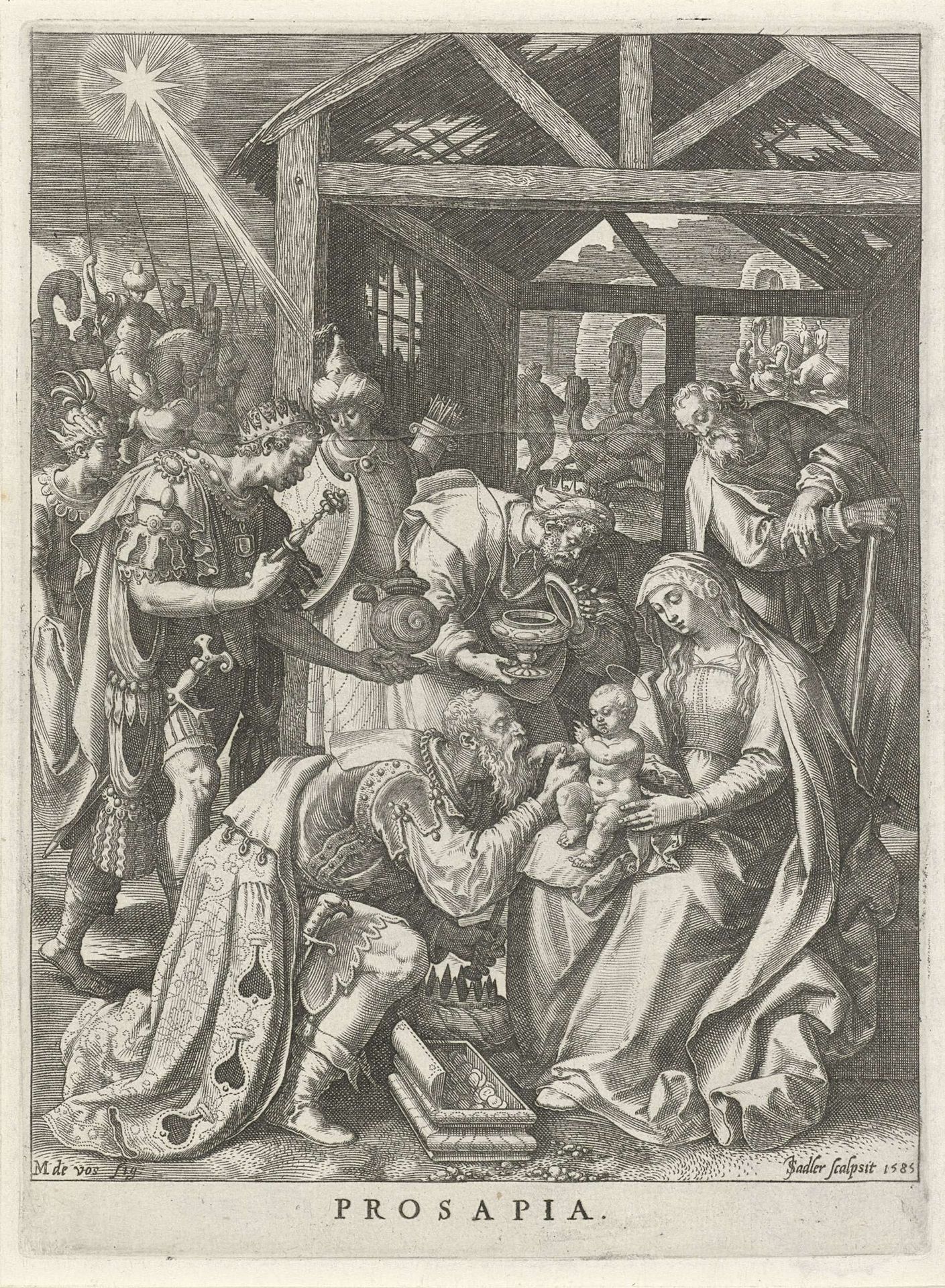 Aanbidding der koningen: familie by Johann Sadeler I