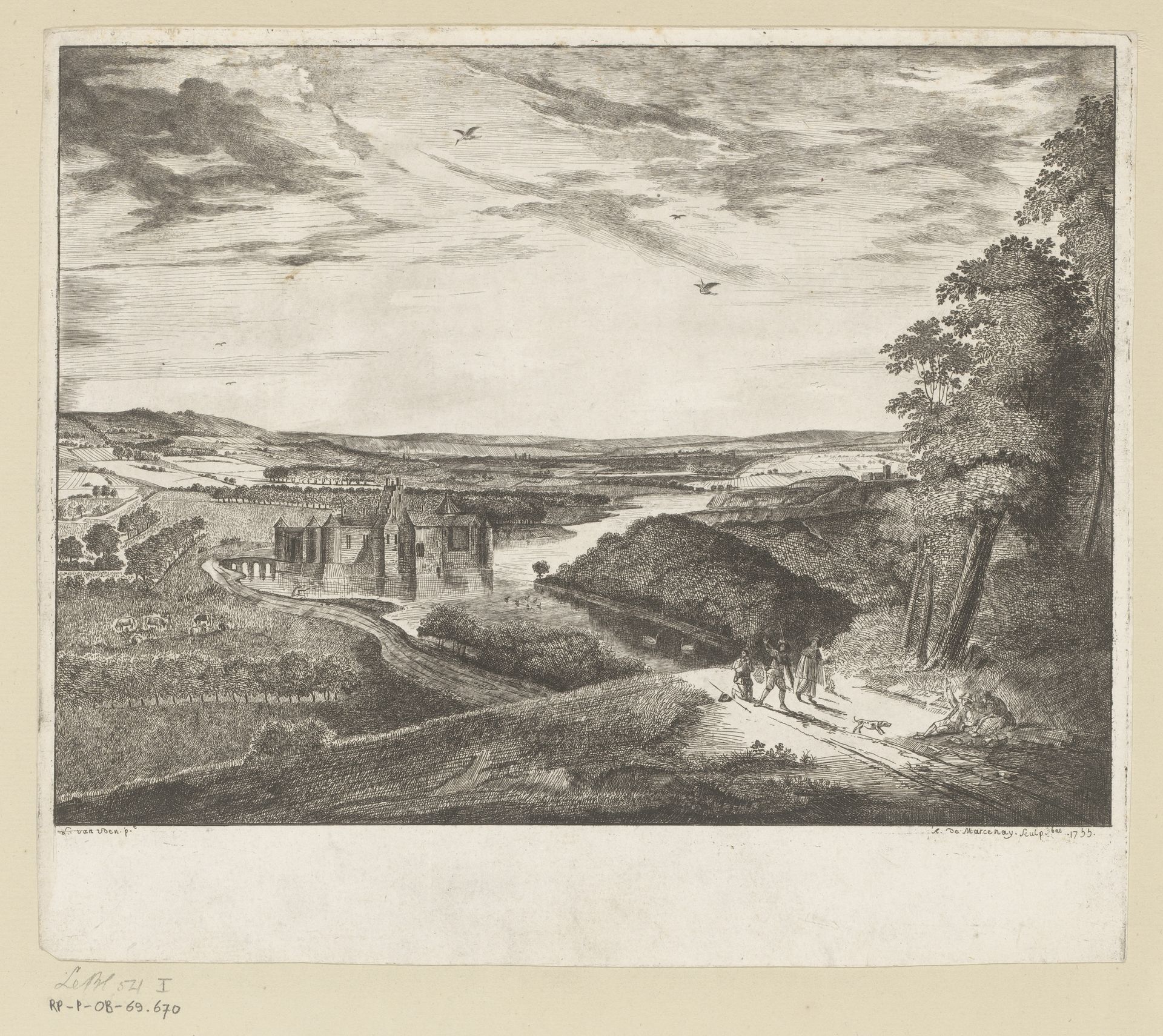 Rivierlandschap met een slot en reizigers by Antoine de Marcenay de Ghuy