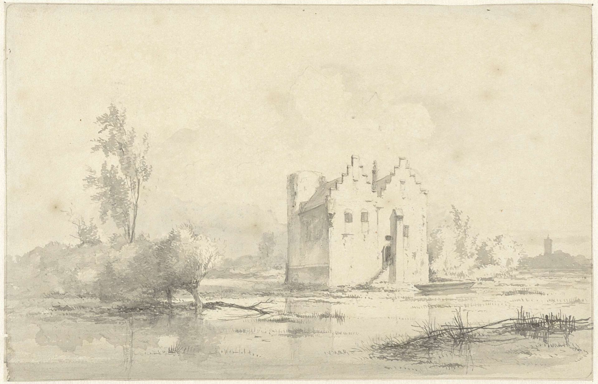 Kasteel Cronenburgh liggend in de moerassig geworden gracht by Jan van Ravenswaay