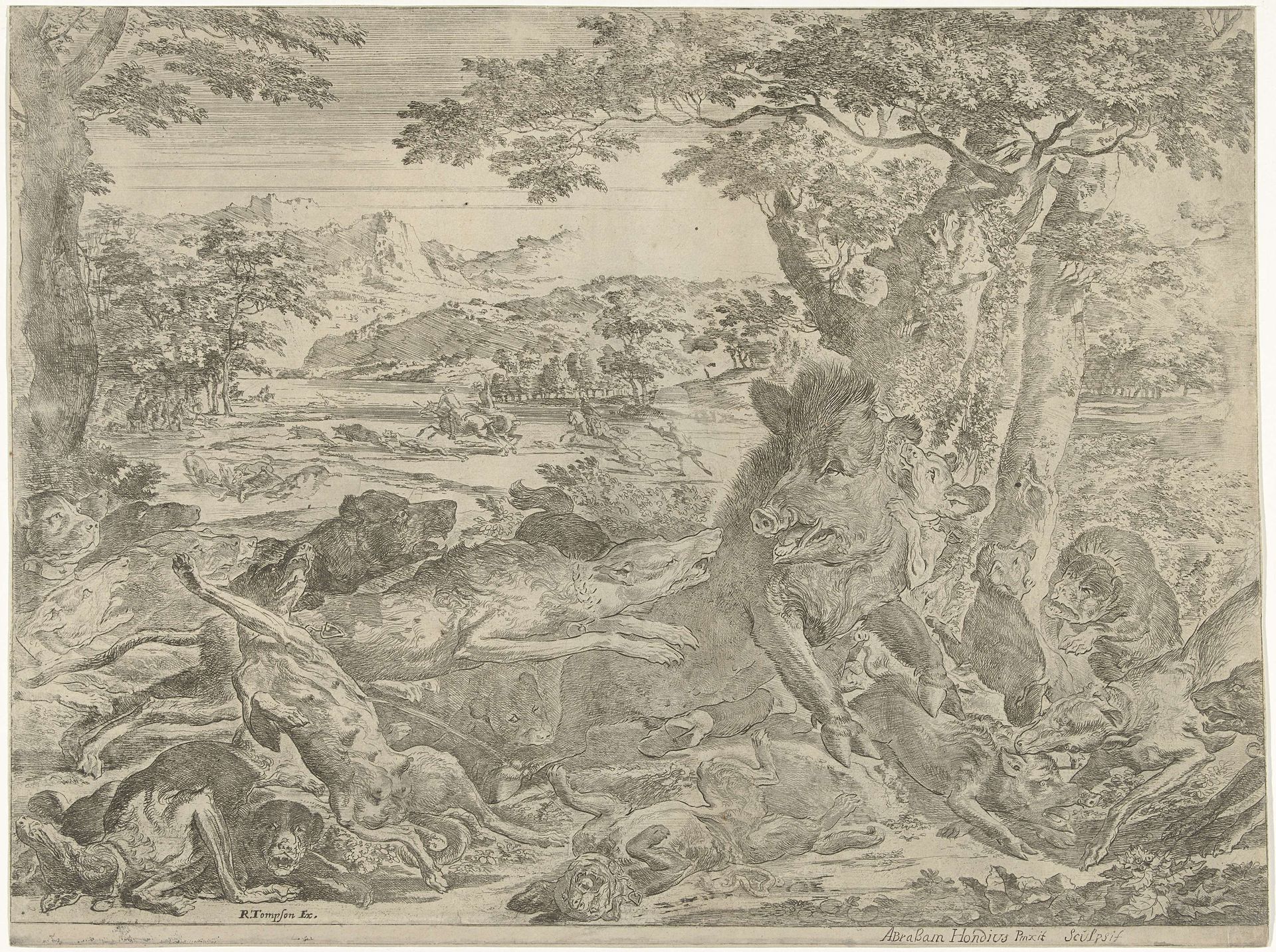 Wild zwijn door honden aangevallen by Abraham Hondius