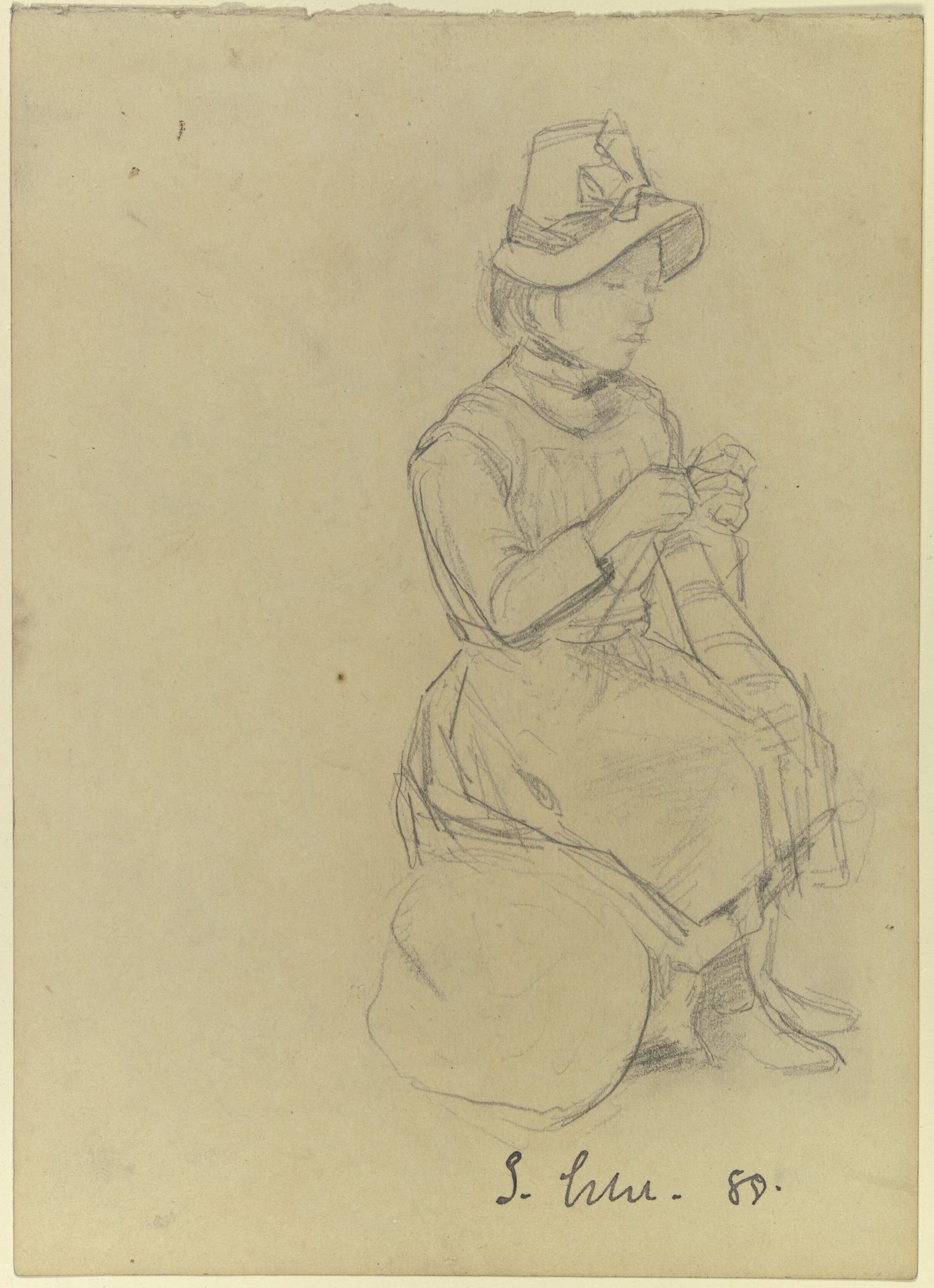Strickendes Mädchen mit Hut by Gustav Schraegle