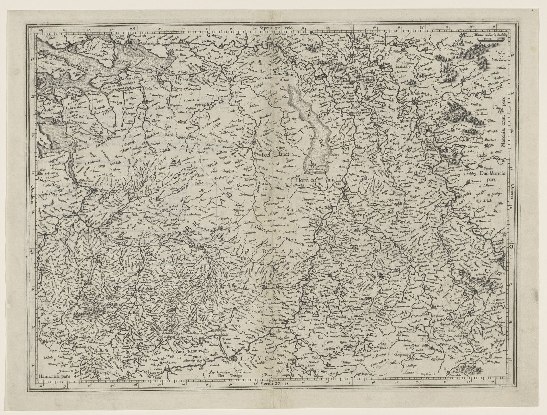Kaart van de hertogdommen Brabant, Gulik en Kleef by Gerardus Mercator