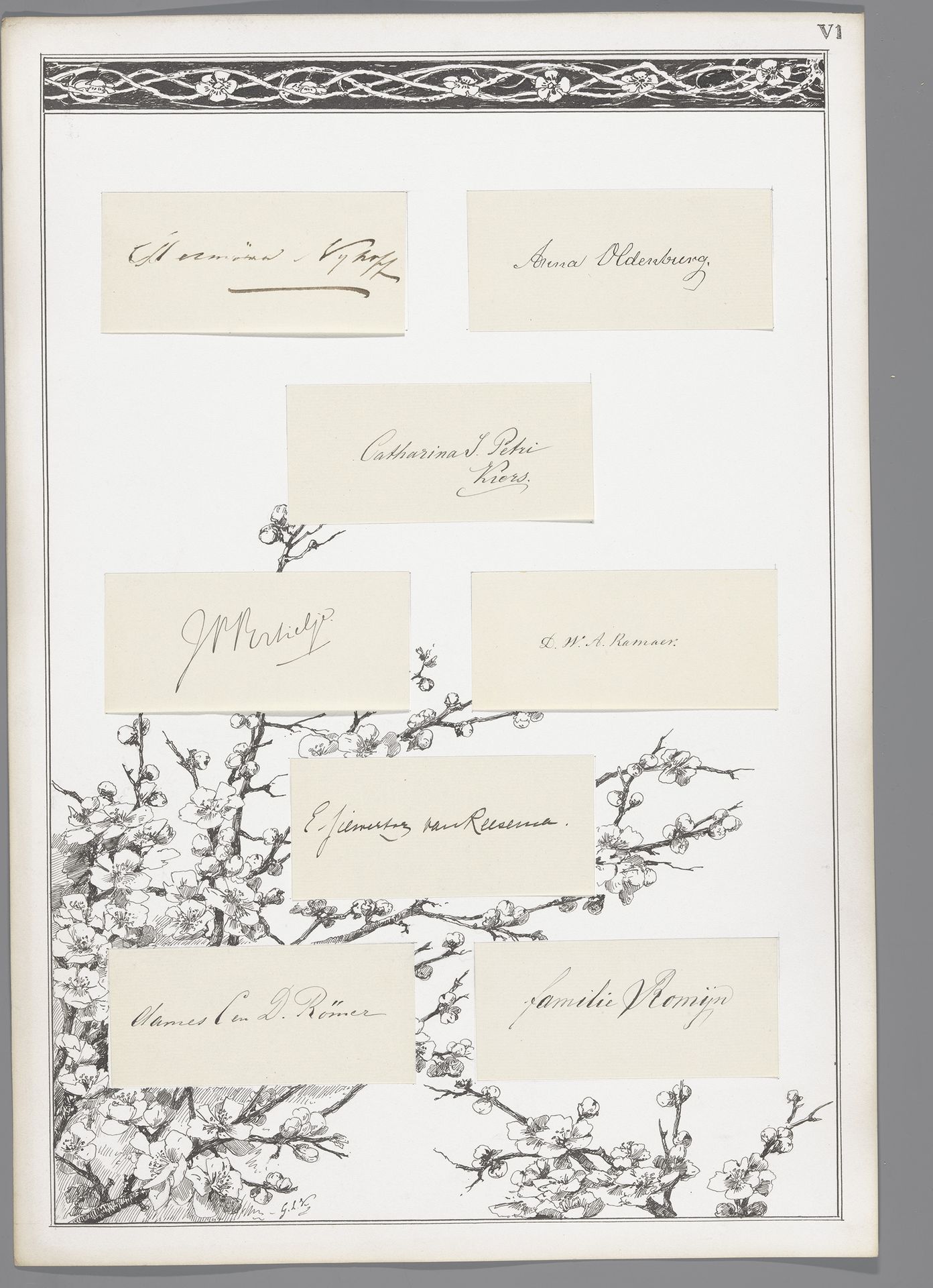 Acht handtekeningen geplakt op een blad met bloesem en decoratieve rand by George Lourens Kiers