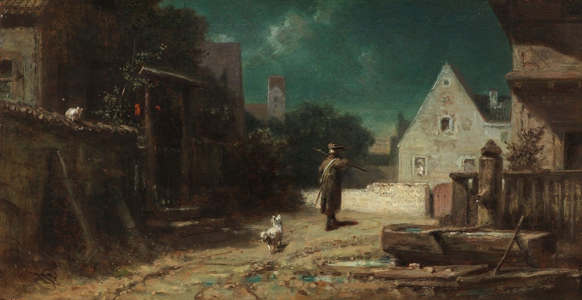 Nachtwächter bei Mondschein, Hund und Katze by Carl Spitzweg