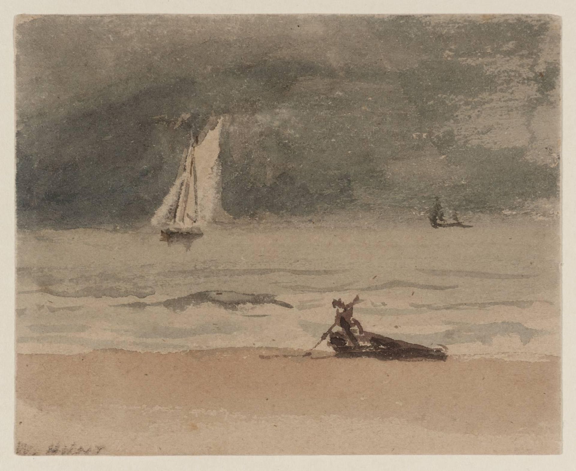 Two Ships on the Sea, a Hulk on the Shore by William Henry Hunt