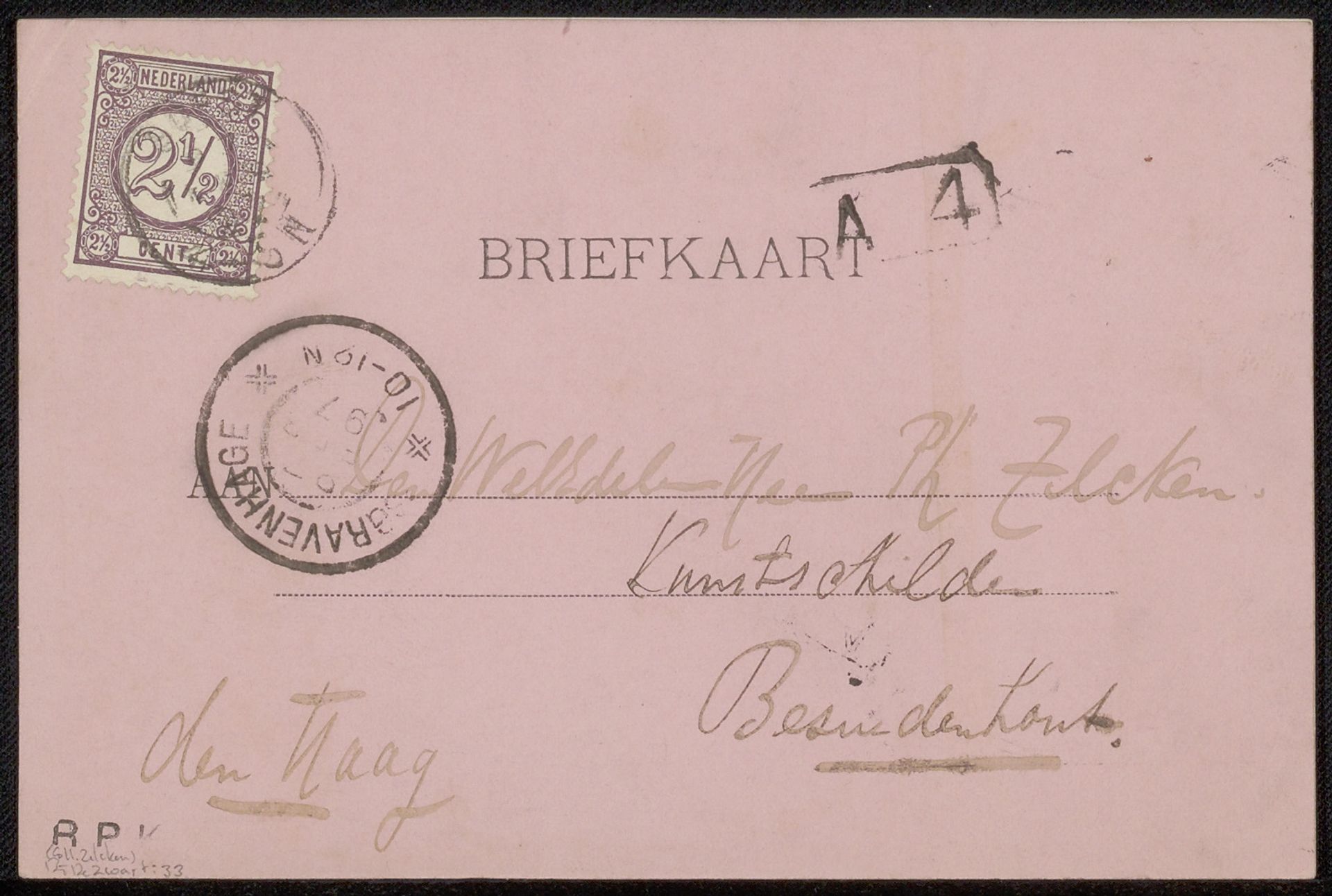Briefkaart aan Philip Zilcken by Willem de Zwart
