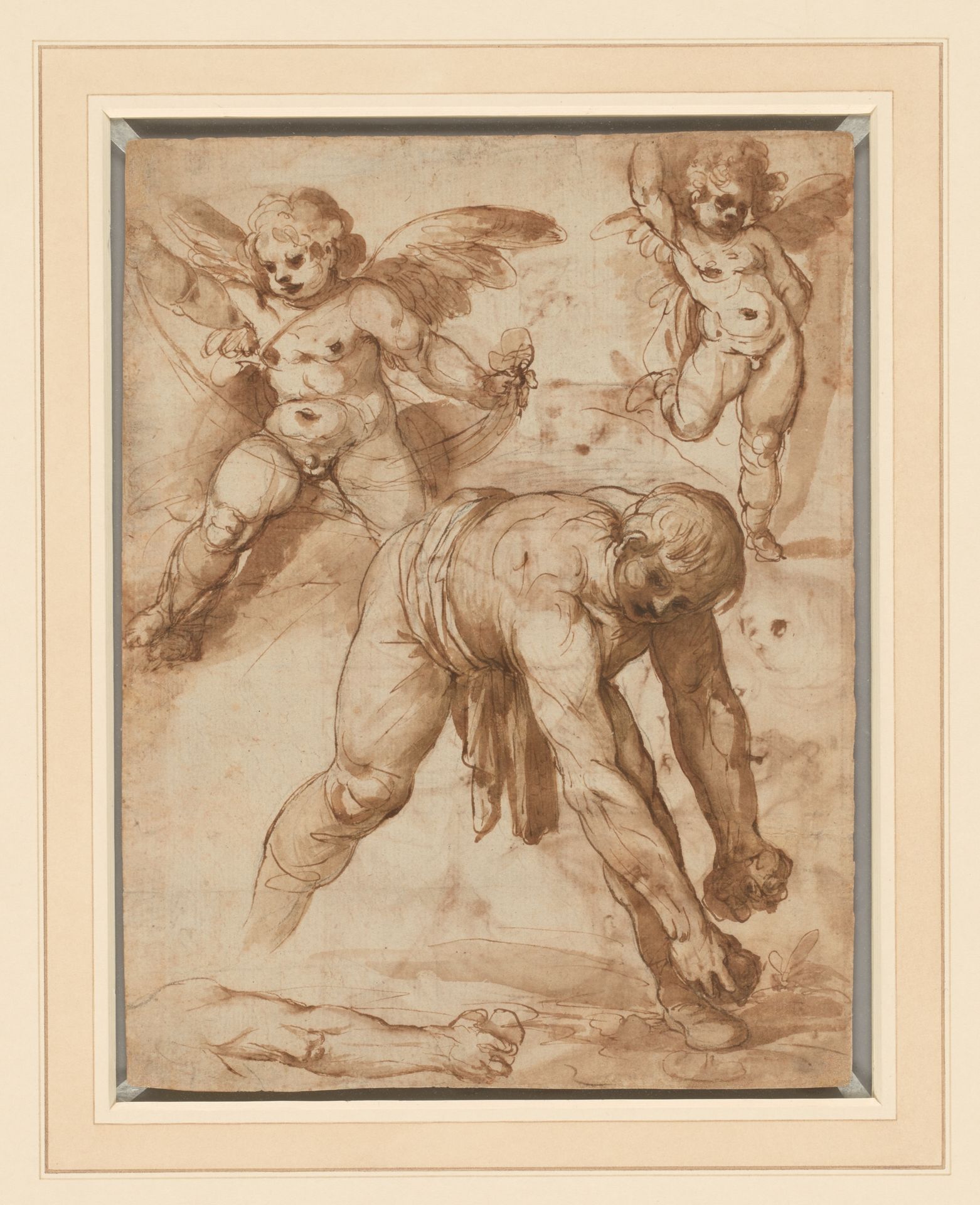 Studies of a Figure Bending Over, Two Putti, and an Arm (recto); Rest on the Flight into Egypt (verso) by Cesare Rossetti