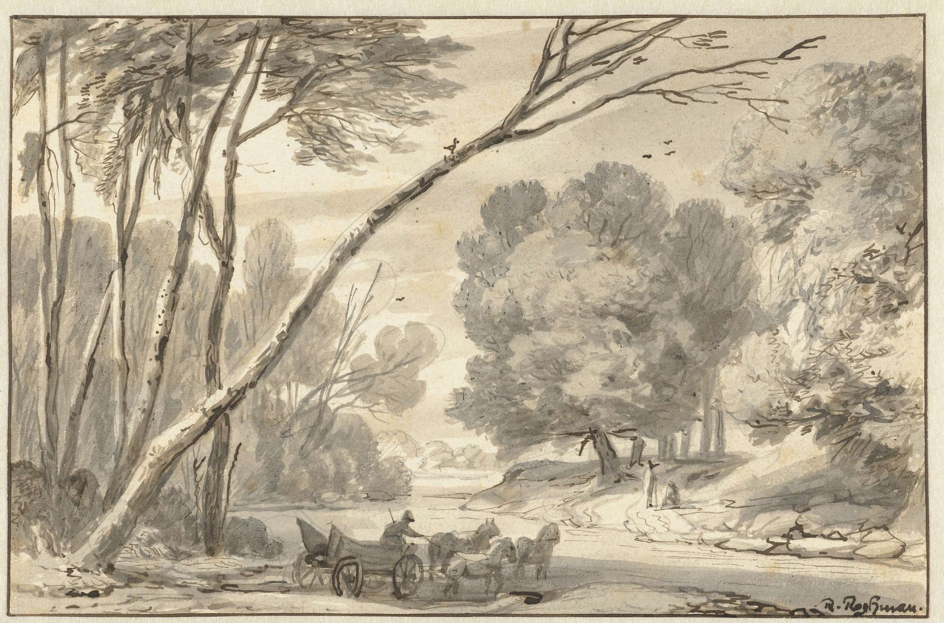 Wooded Landscape with a Cart and Horses Crossing a Ford by Roelant Roghman