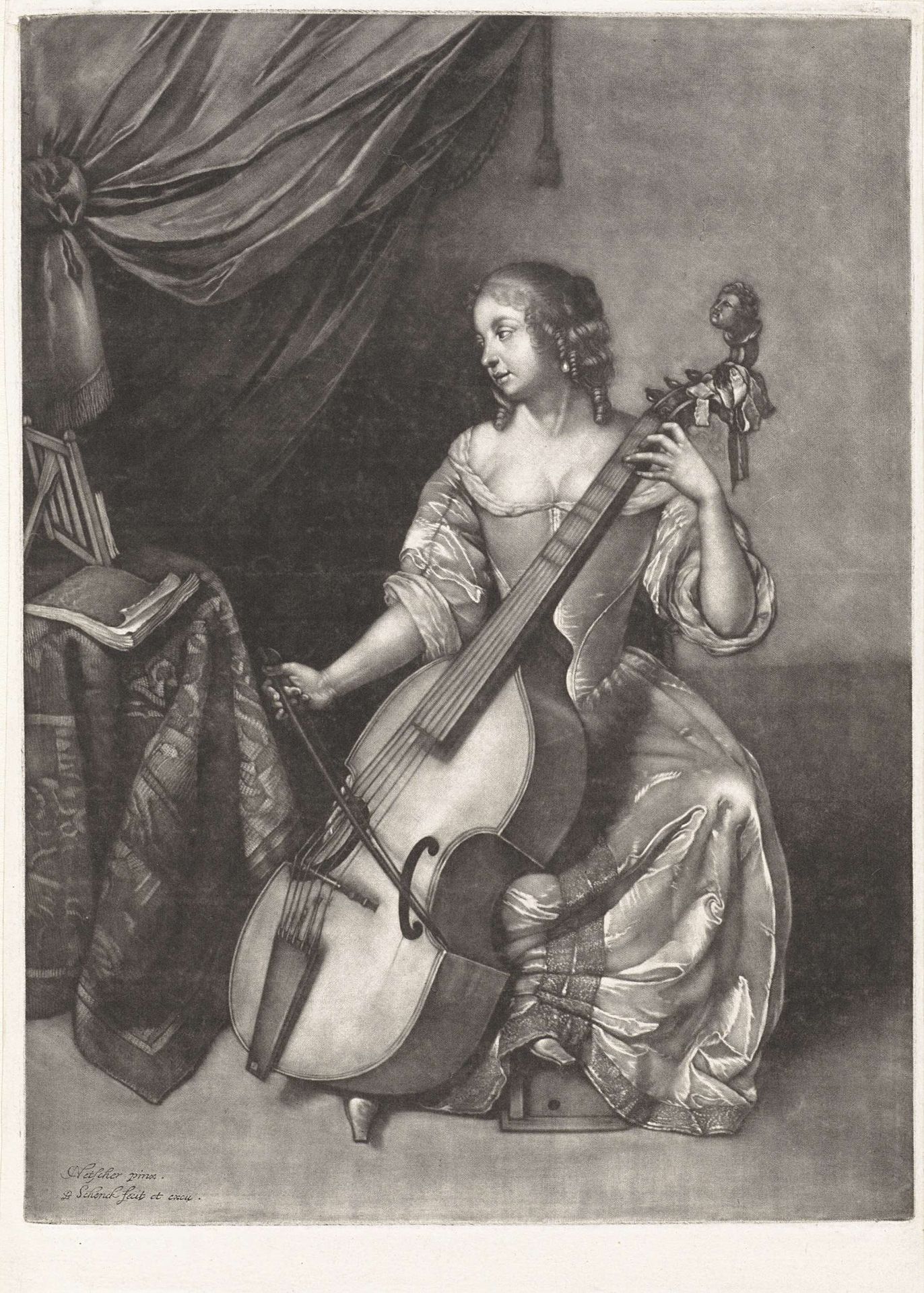Vrouw bespeelt een viola da gamba by Pieter Schenk