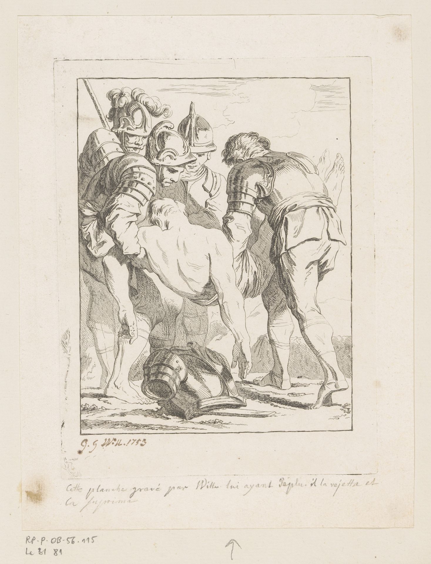 Ontklede soldaat wordt weggedragen door vier andere soldaten by Johann Georg Wille