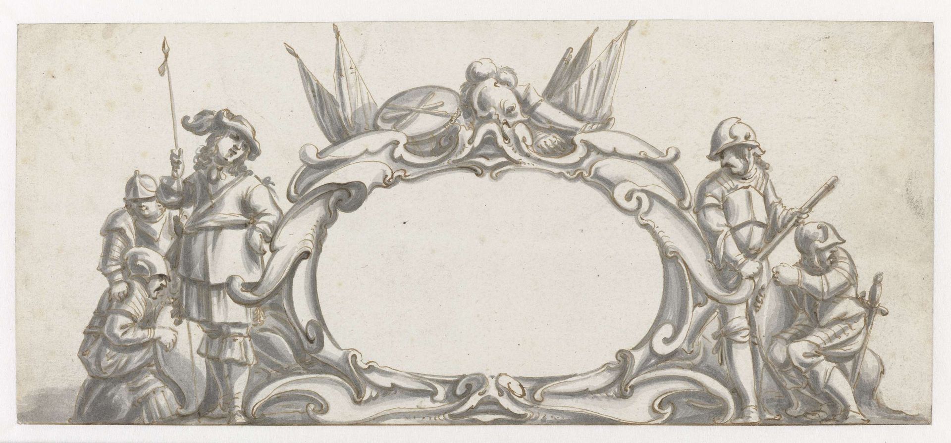 Cartouche geflankeerd door vijf soldaten by Pieter Jansz.