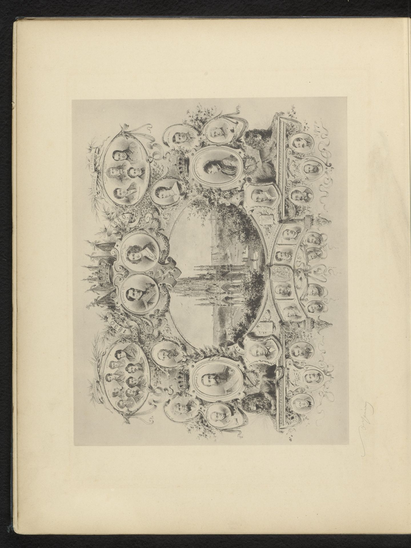 Reproductie van een gravure van de Exposition Nationale van 1880 in Brussel, omringd door portretten van onder andere Léopold I en Léopold II van België, door Armand Heins by Anonymous