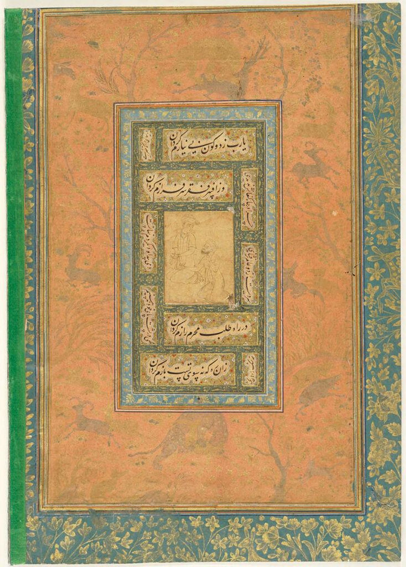 Two Seated Men (drawing attributed to Bihzad), with Verses about the Inconstancy of Prophetic Vision by Sa'di (calligraphy, verso); Temptation with Wine (painting, recto); folio from an album
 by Attributed to Bihzad