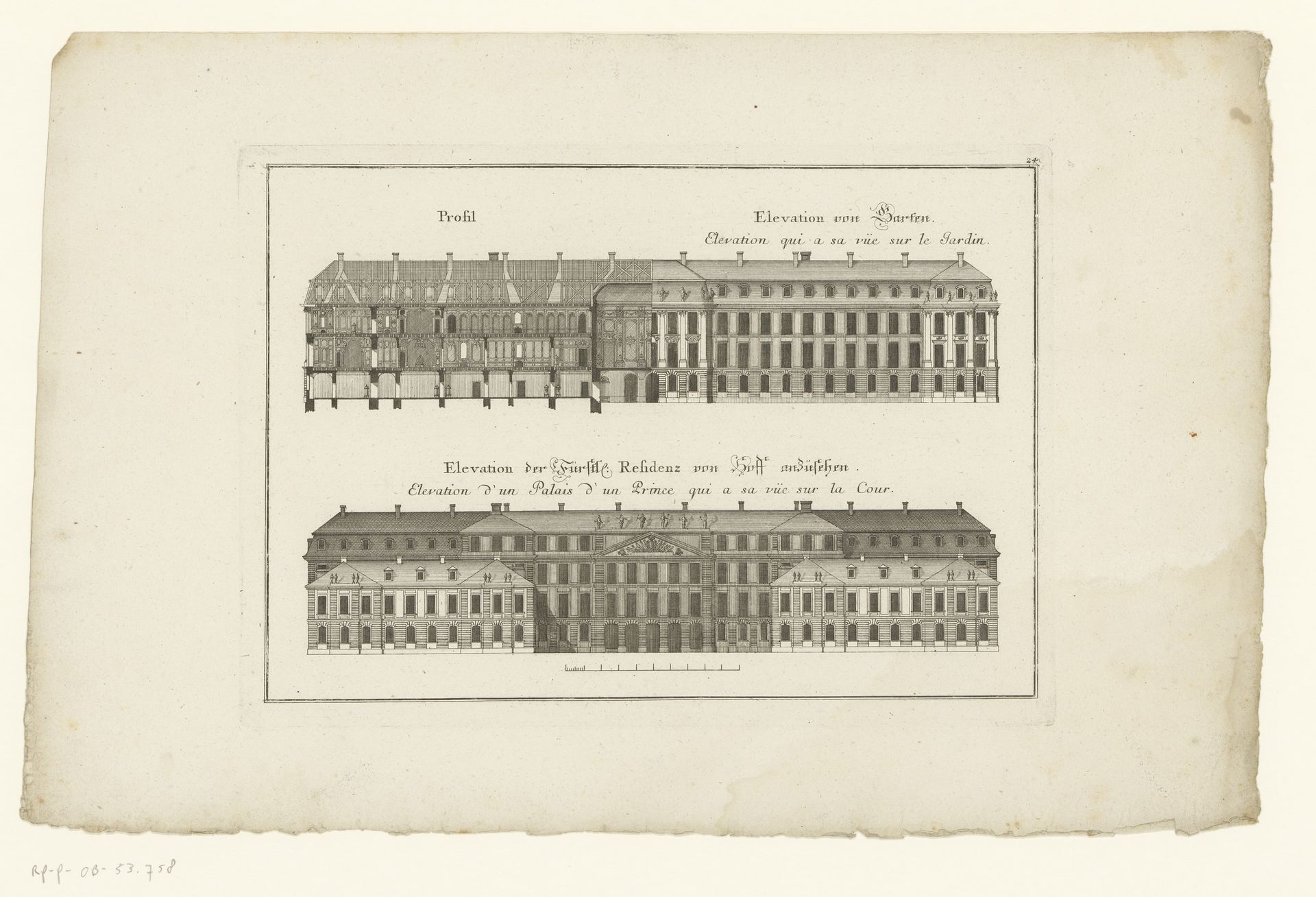 Residentie gezien vanaf de tuin en vanaf de binnenplaats met doorsnede by Johann Georg Ringlin