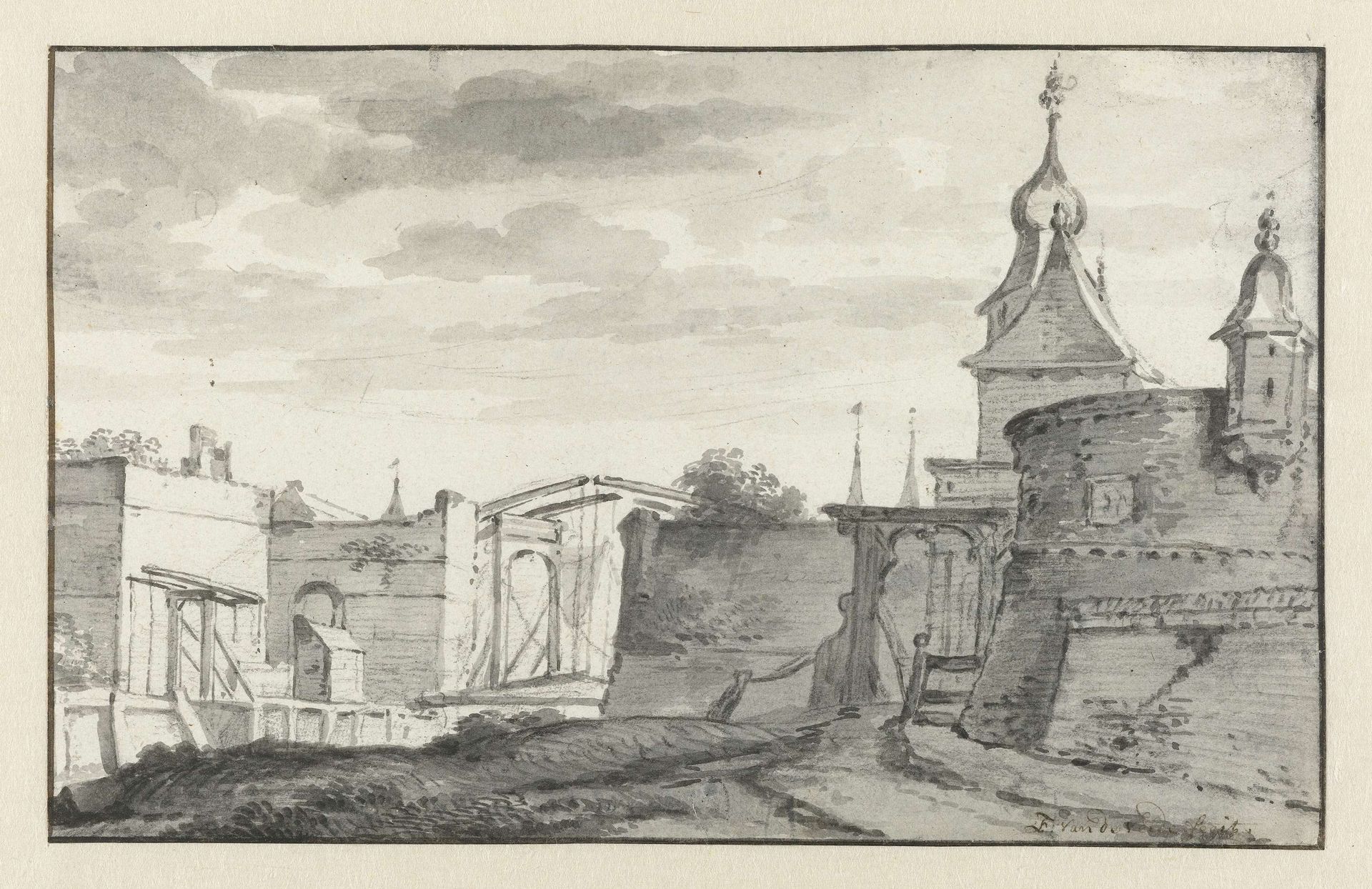 Gezicht op de muren en een ophaalbrug van een stad by Esaias van de Velde