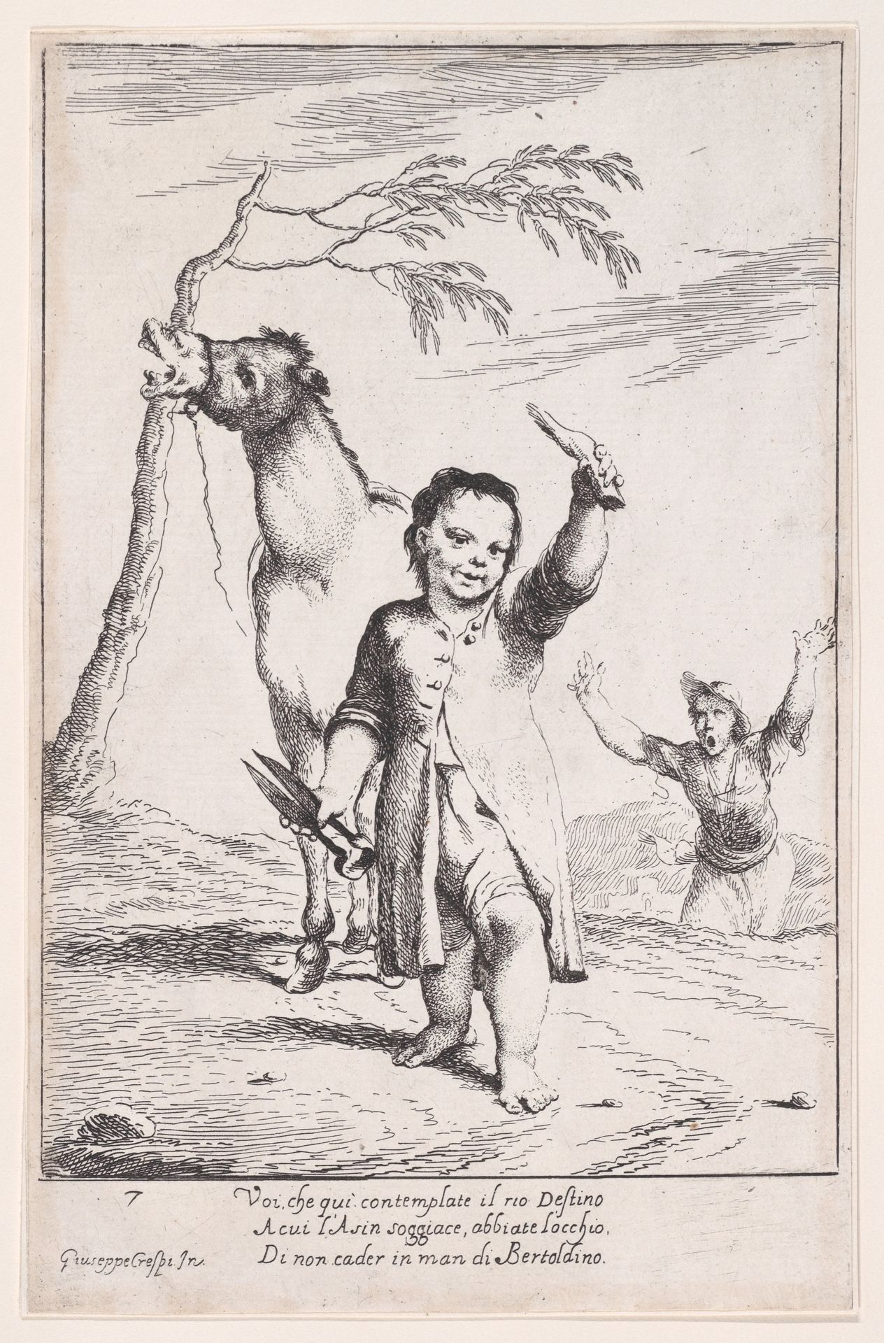 Plate 14: Bertoldino cutting off the ears of a gardener's donkey, from "Bertoldo, Bertoldino, and Cacasenno" by Giuseppe Maria Crespi