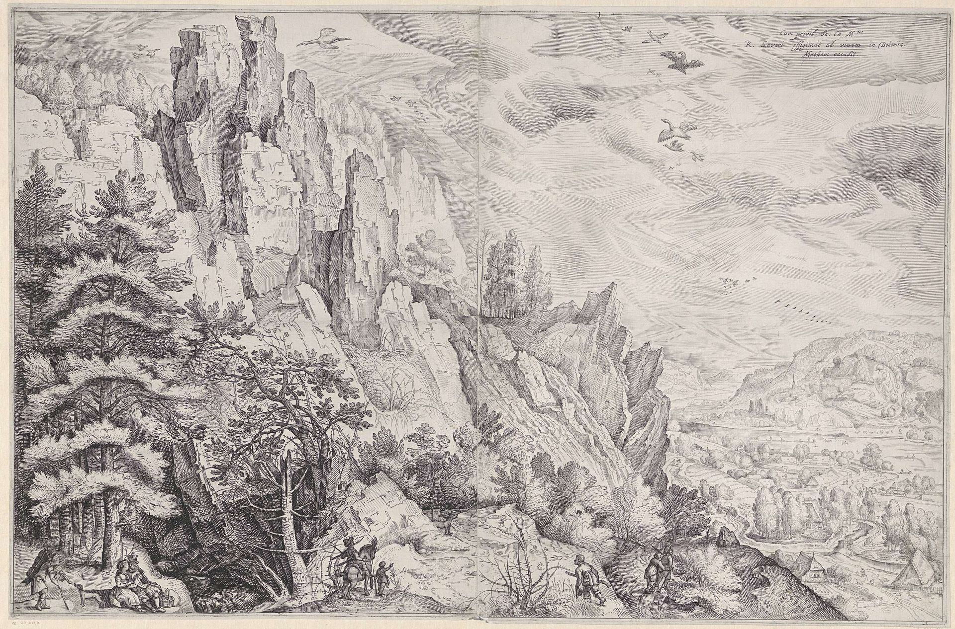 Mountain Landscape with an Amorous Couple and a Hunter by Jacob Matham