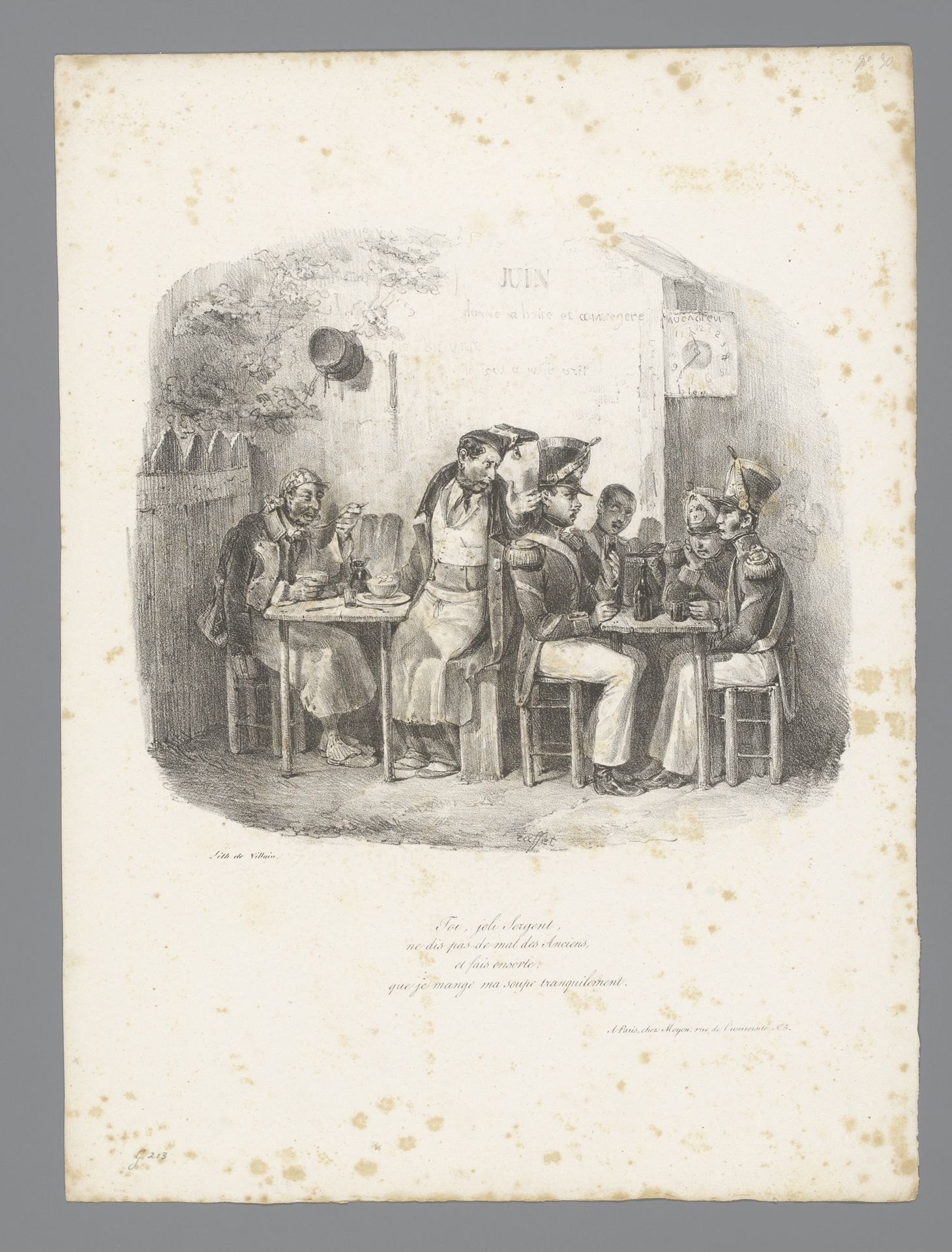 Soldaten en mannen zittend aan tafel met eten en drinken by Auguste Raffet