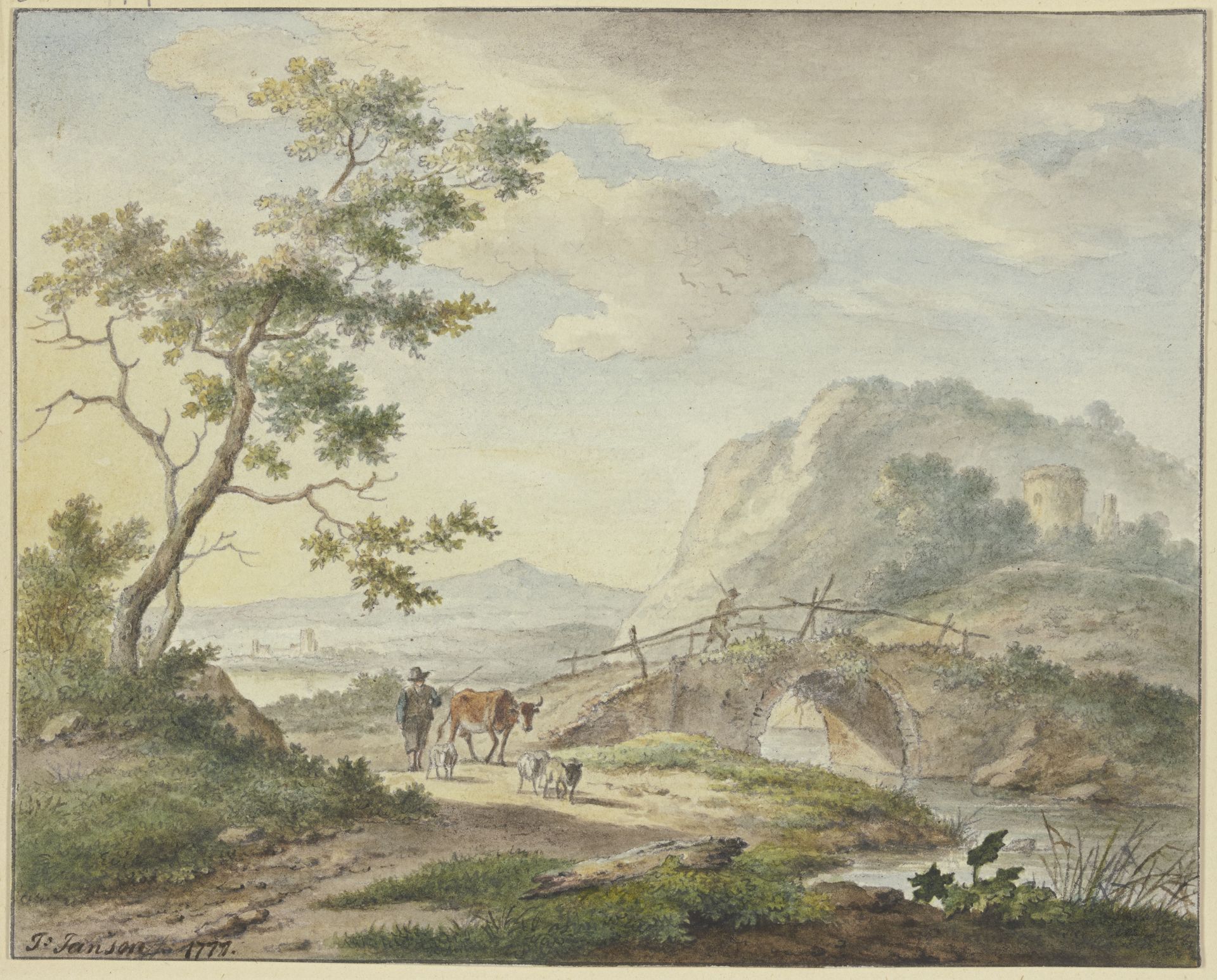 Über eine steinerne Brücke geht ein Mann, auf dem Weg ein Bauer mit einer Kuh und Schafen by Johannes Christiaan Janson